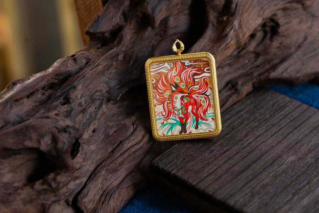 八大守护·灵狐系列 | 火焰九尾狐仙金边随身唐卡 纯手工矿物颜料 藏式护运灵兽