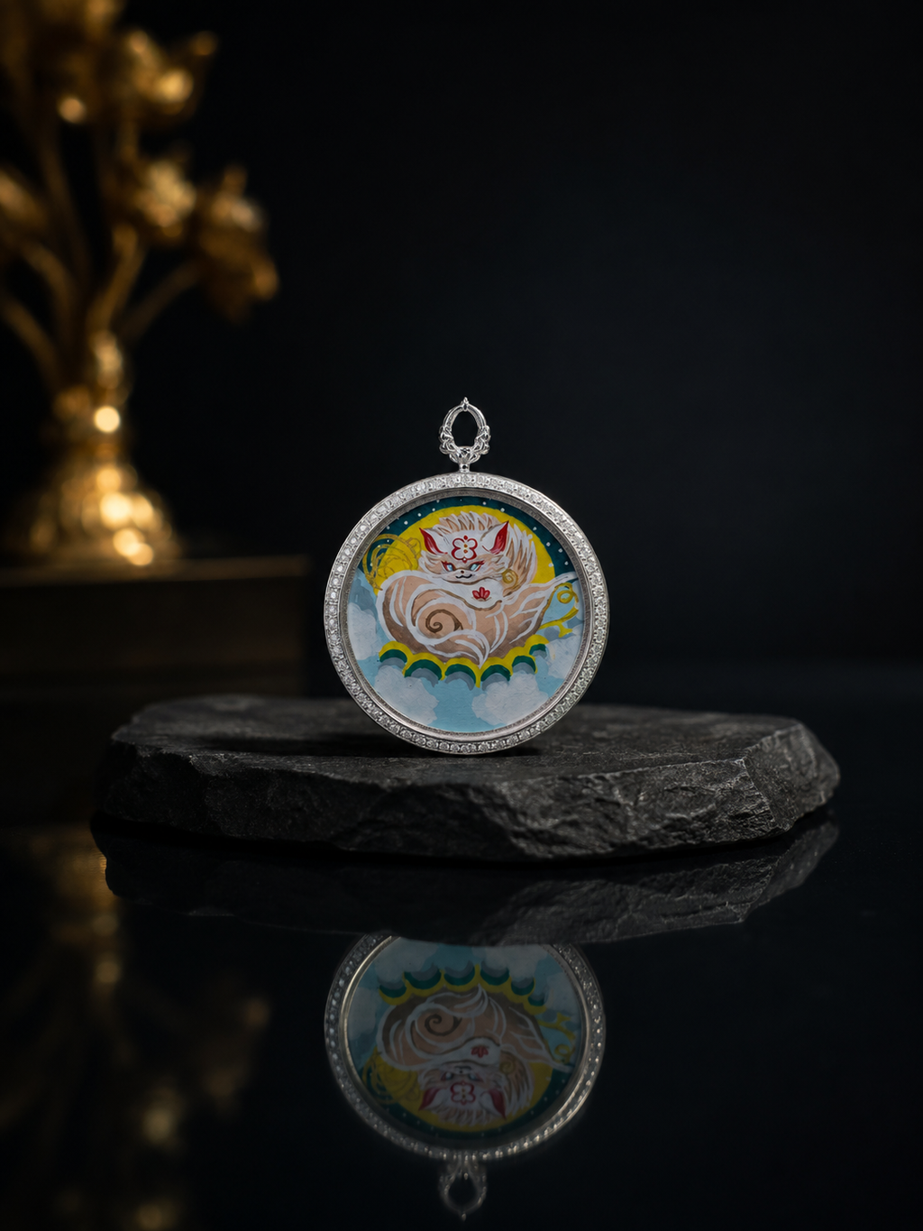 White Fox Spirit Auspicious Thangka Charm｜白狐仙子祥瑞唐卡