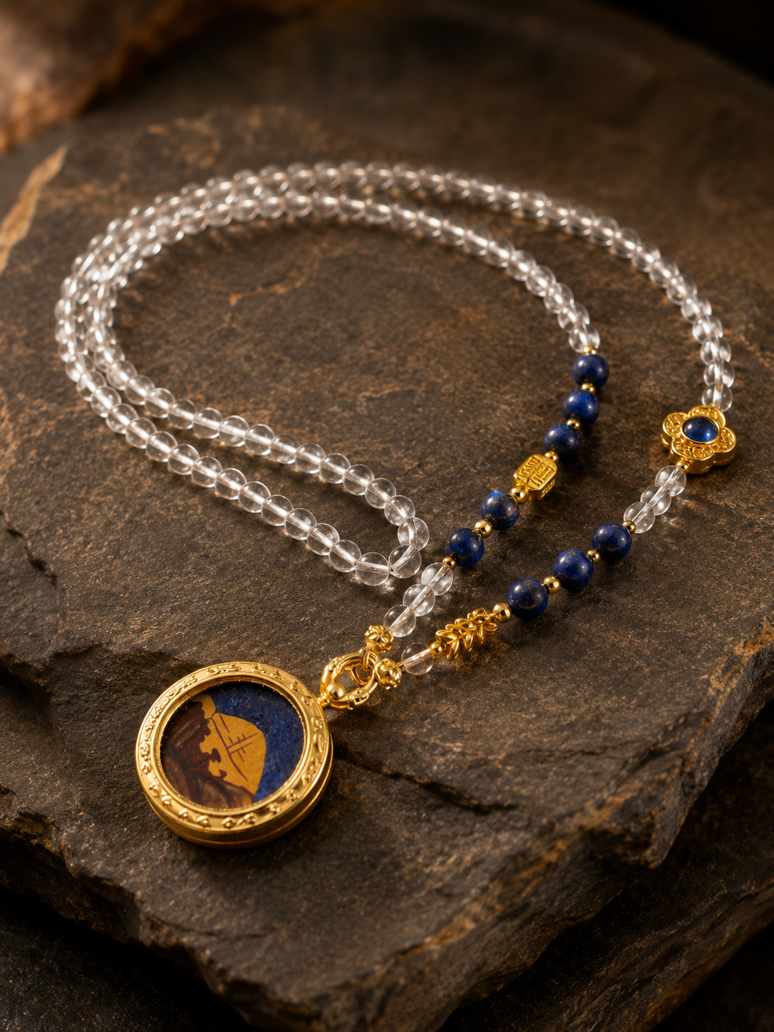 [Eight Guardians - Mount Kailash Series] Mount Kailash Holy Mountain Blue and White Double-Circle Long Necklace · Hand-Painted Mineral Pigment Portable Thangka
