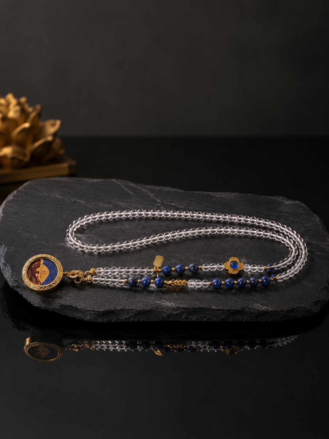 [Eight Guardians - Mount Kailash Series] Mount Kailash Holy Mountain Blue and White Double-Circle Long Necklace · Hand-Painted Mineral Pigment Portable Thangka