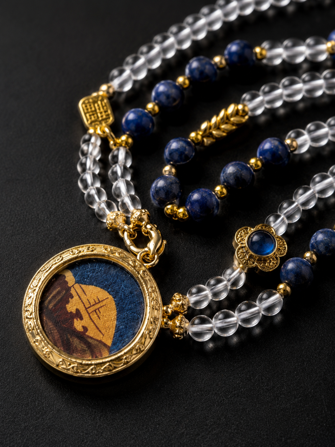 [Eight Guardians - Mount Kailash Series] Mount Kailash Holy Mountain Blue and White Double-Circle Long Necklace · Hand-Painted Mineral Pigment Portable Thangka