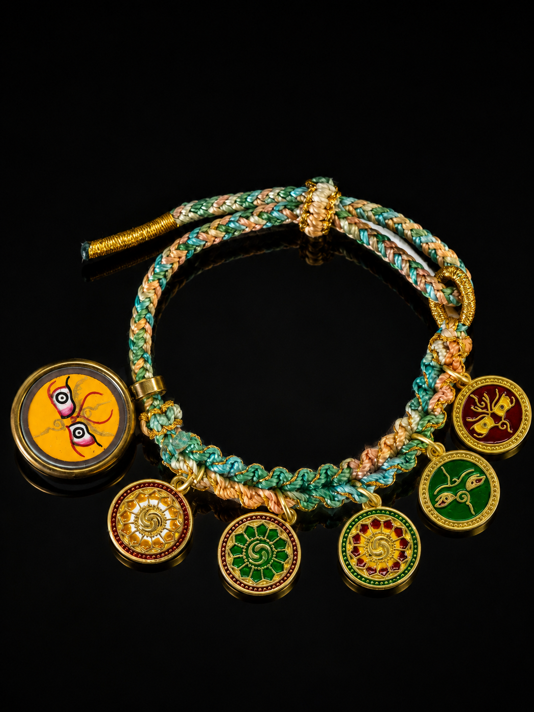 [Eight Great Guardians · Yellow Jambhala Series] Yellow Jambhala Five-Directional Wealth God Colorful Woven Tibetan Silver Bracelet · Handmade Mineral Pigment Portable Thangka
