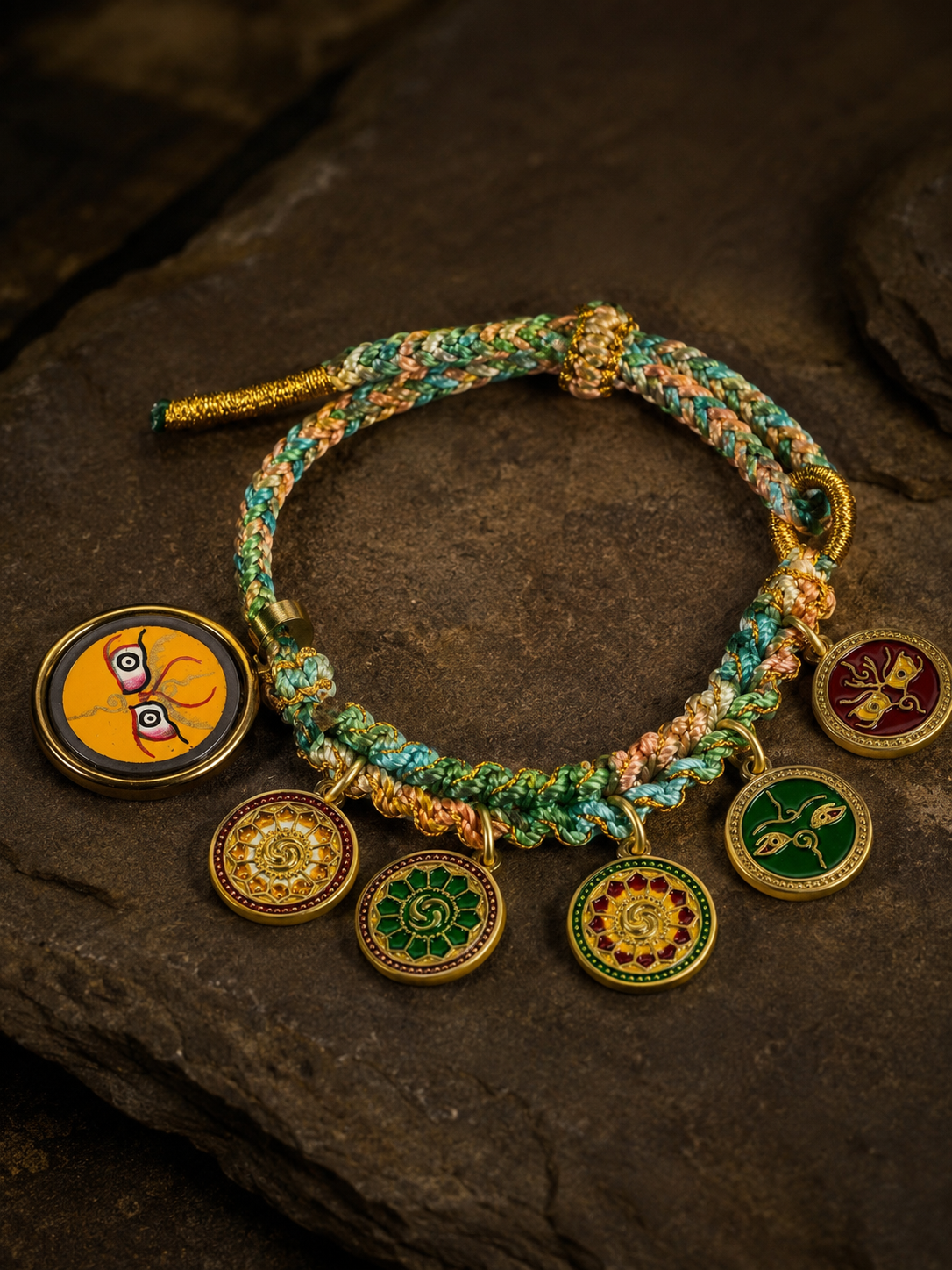 [Eight Great Guardians · Yellow Jambhala Series] Yellow Jambhala Five-Directional Wealth God Colorful Woven Tibetan Silver Bracelet · Handmade Mineral Pigment Portable Thangka