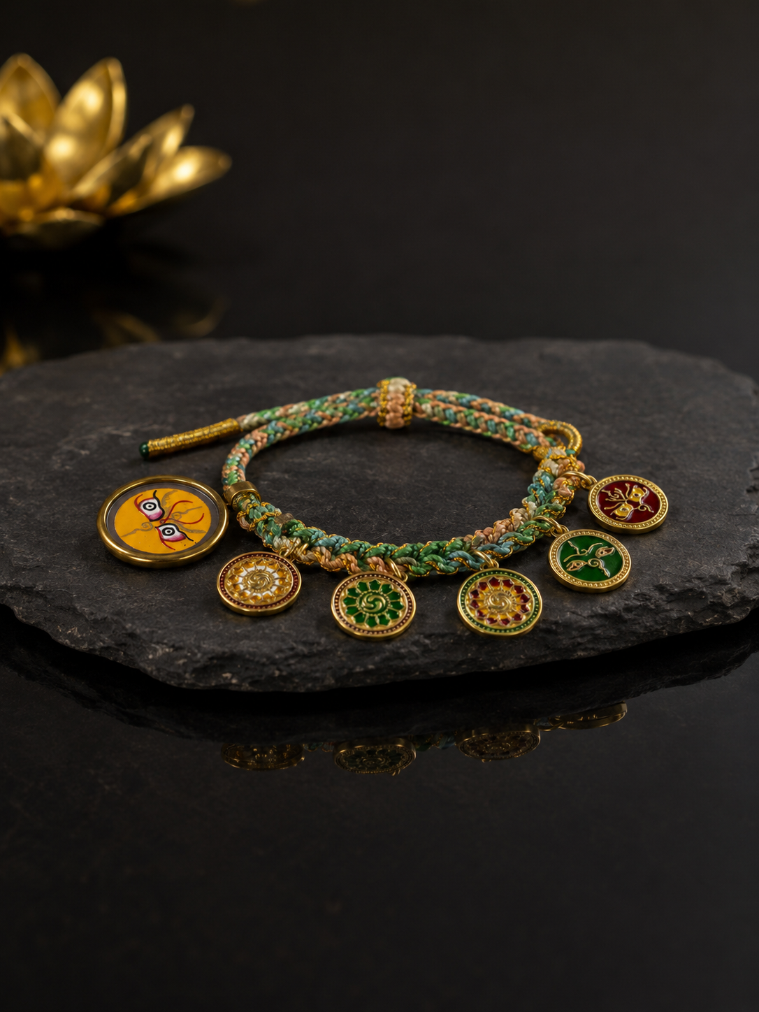[Eight Great Guardians · Yellow Jambhala Series] Yellow Jambhala Five-Directional Wealth God Colorful Woven Tibetan Silver Bracelet · Handmade Mineral Pigment Portable Thangka