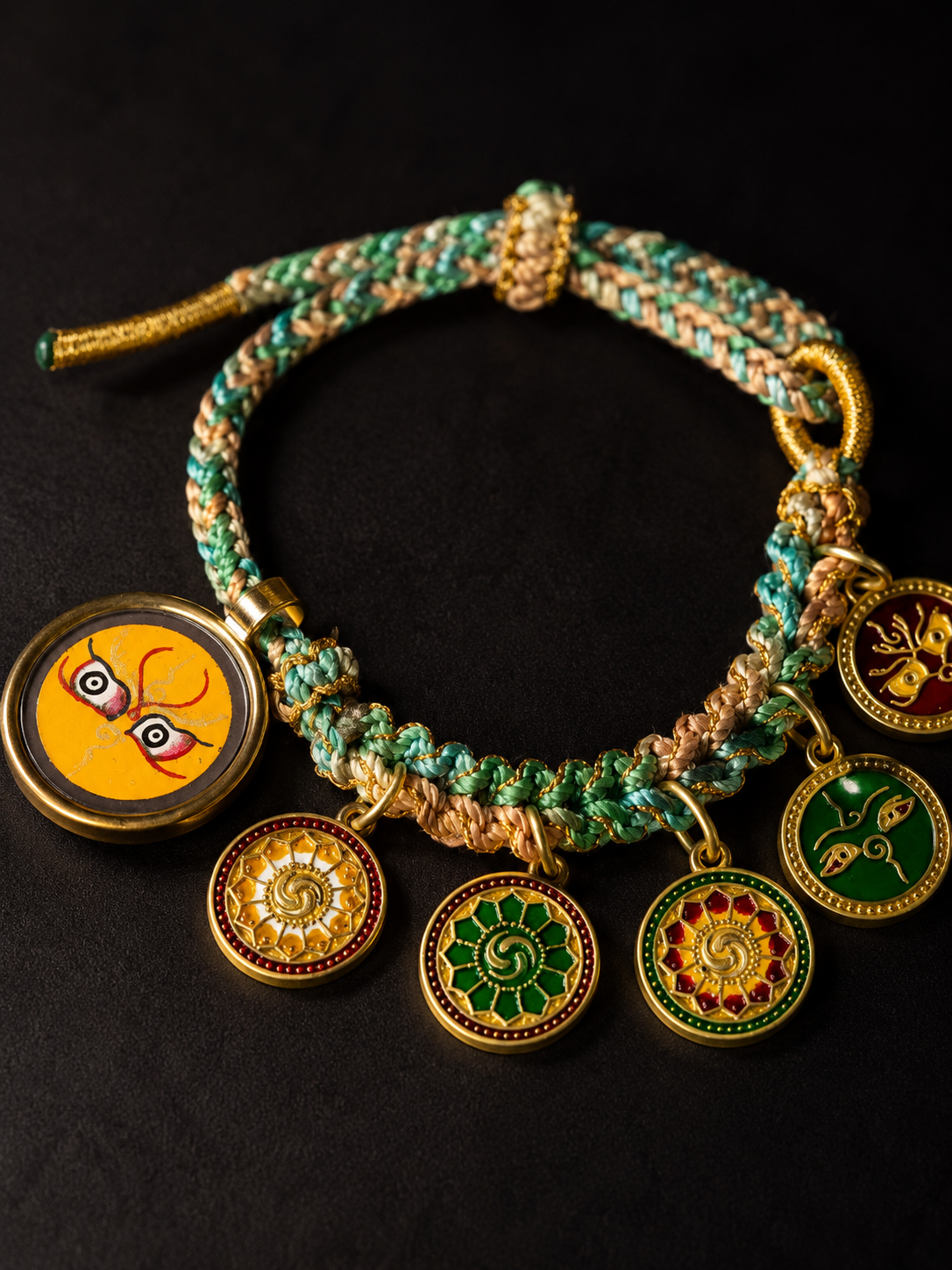 [Eight Great Guardians · Yellow Jambhala Series] Yellow Jambhala Five-Directional Wealth God Colorful Woven Tibetan Silver Bracelet · Handmade Mineral Pigment Portable Thangka