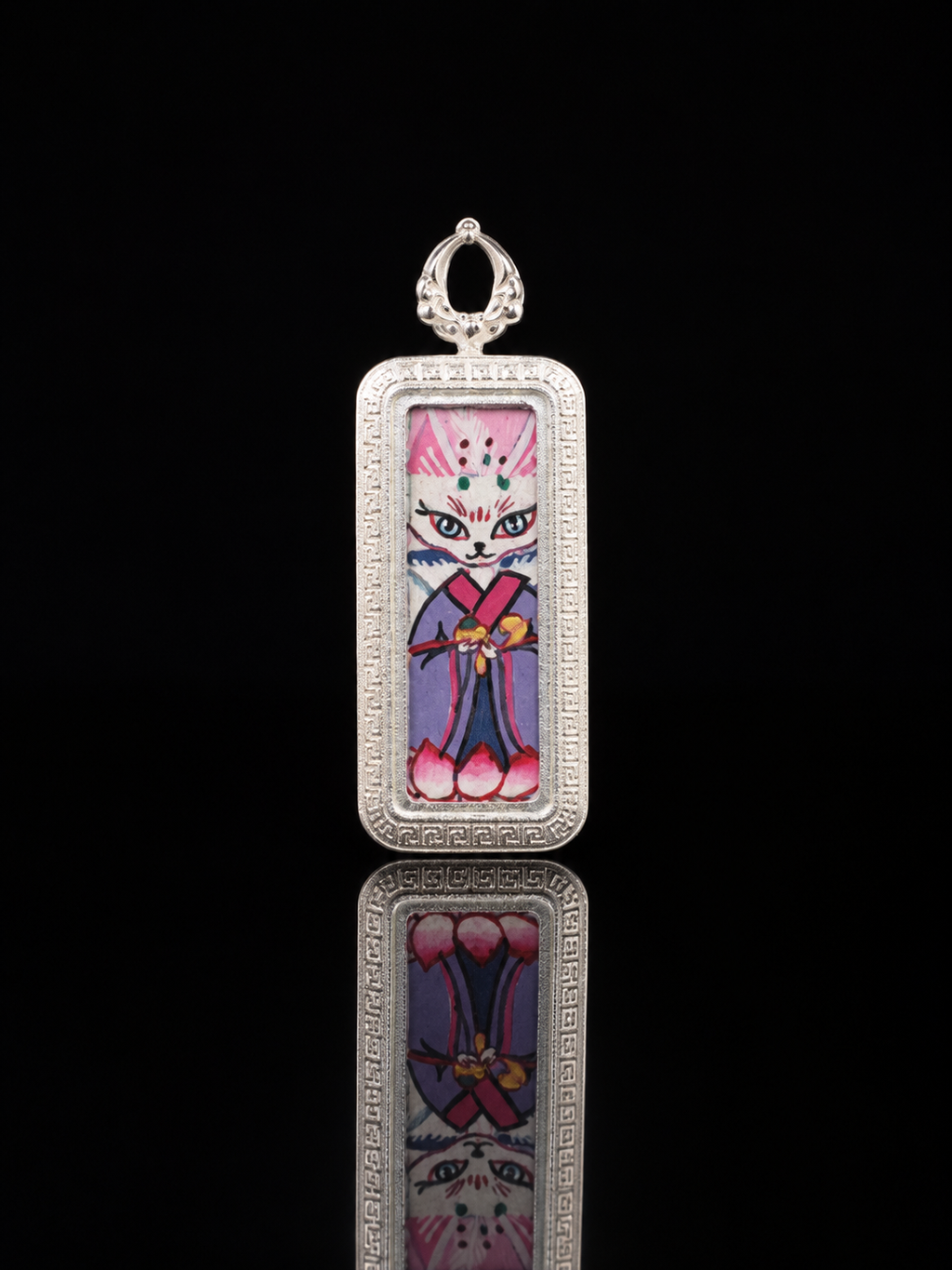 Pink-White Fox Spirit Thangka Pendant｜粉白小狐仙护法唐卡