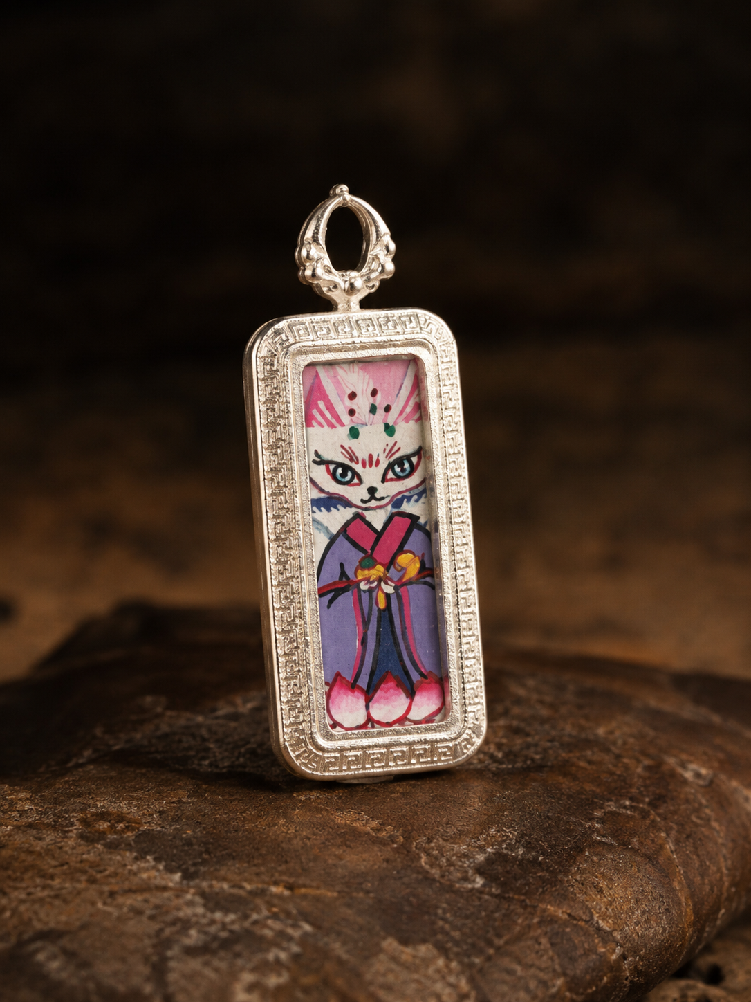 Pink-White Fox Spirit Thangka Pendant｜粉白小狐仙护法唐卡