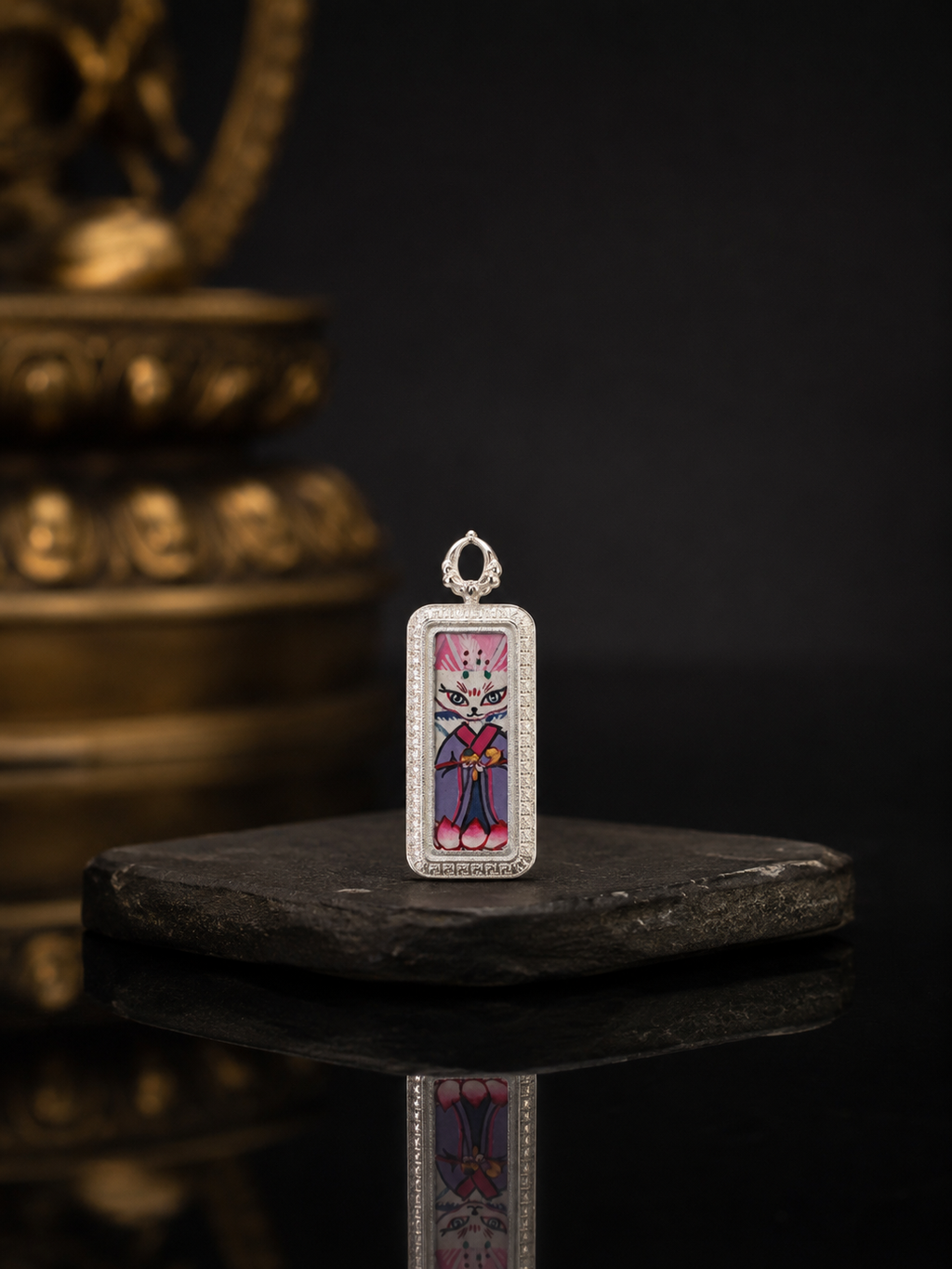 Pink-White Fox Spirit Thangka Pendant｜粉白小狐仙护法唐卡