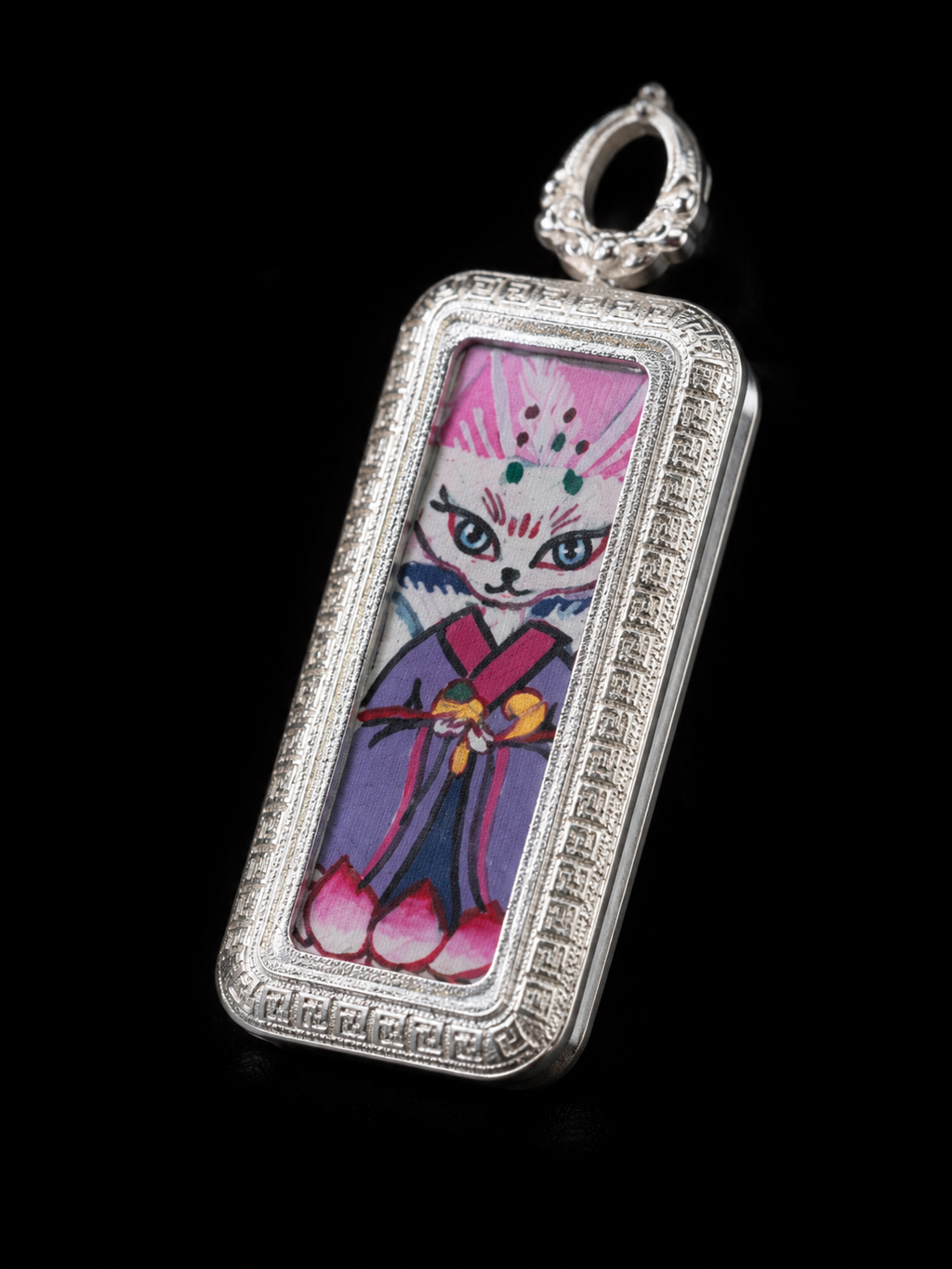 Pink-White Fox Spirit Thangka Pendant｜粉白小狐仙护法唐卡