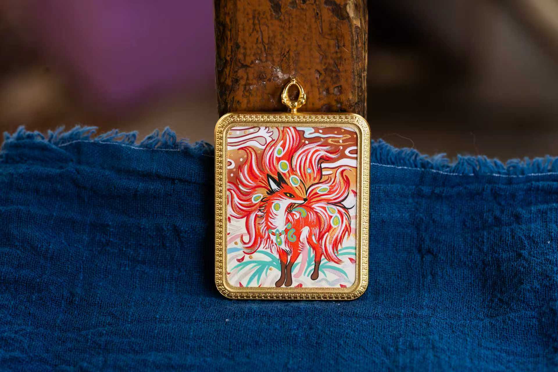 八大守护·灵狐系列 | 火焰九尾狐仙金边随身唐卡 纯手工矿物颜料 藏式护运灵兽