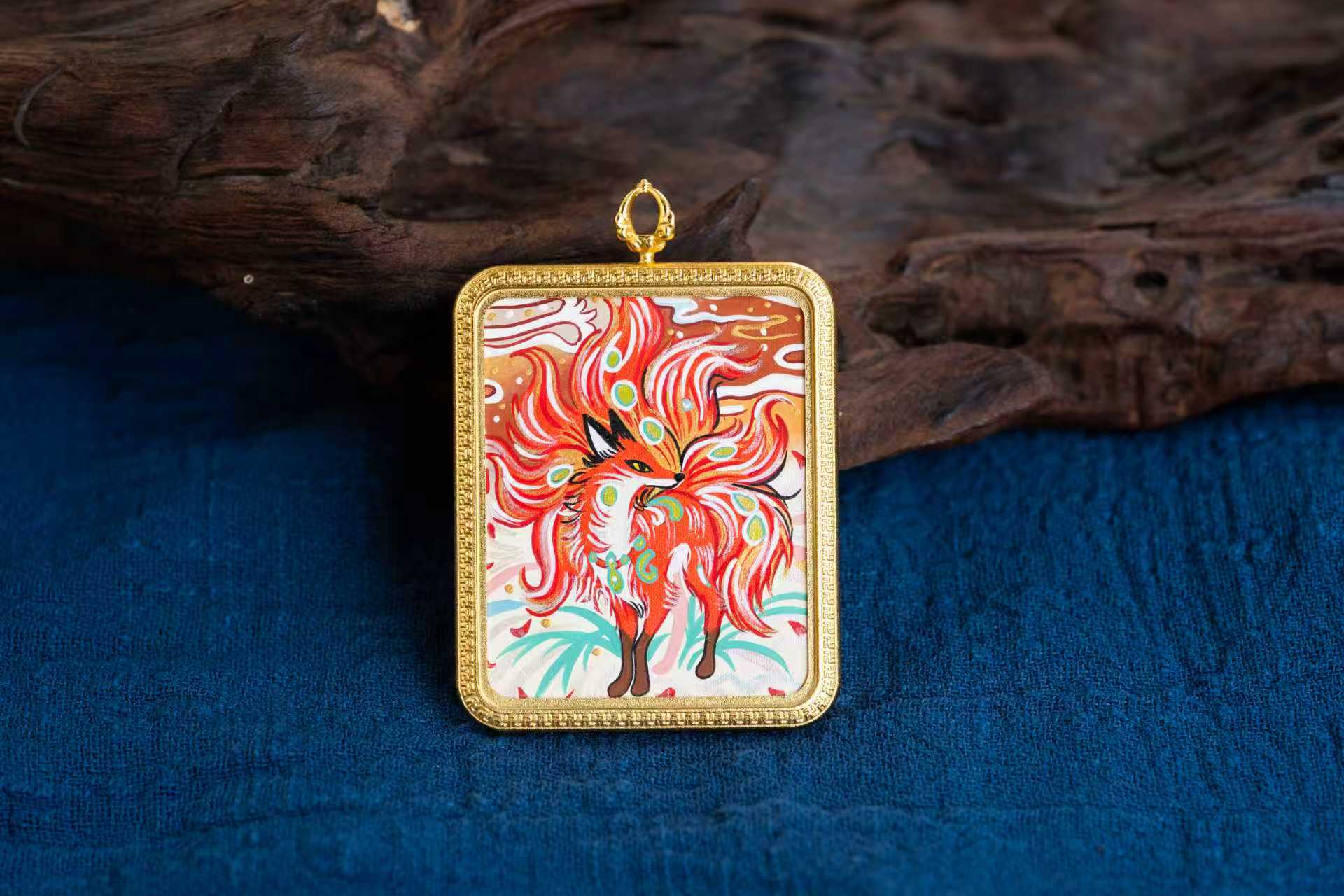 八大守护·灵狐系列 | 火焰九尾狐仙金边随身唐卡 纯手工矿物颜料 藏式护运灵兽