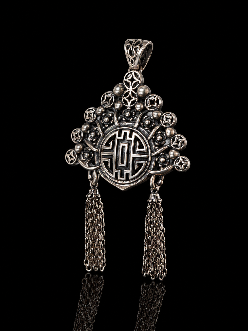 Chinese Opera Phoenix Crown Tassel Pendant with Tibetan Silver - Prosperity and Auspiciousness