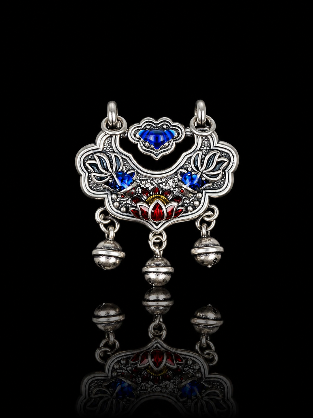 Chinese Style Cloisonné Enamel 999 Silver Longevity and Peace Lock Pendant · Ruyi Lotus Protection