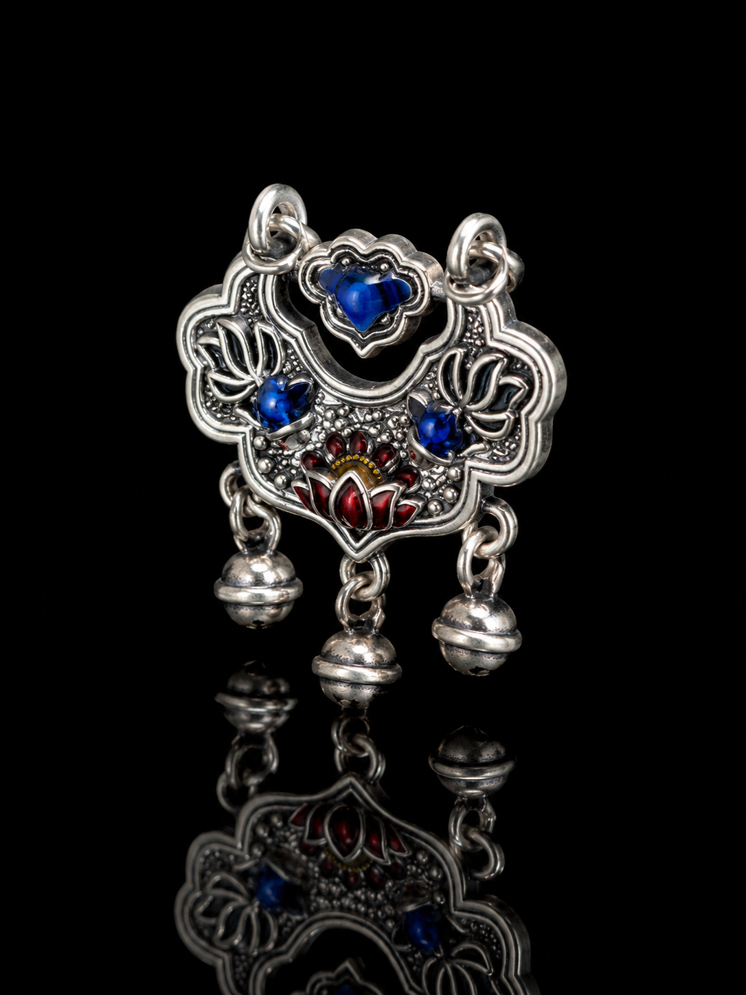 Chinese Style Cloisonné Enamel 999 Silver Longevity and Peace Lock Pendant · Ruyi Lotus Protection