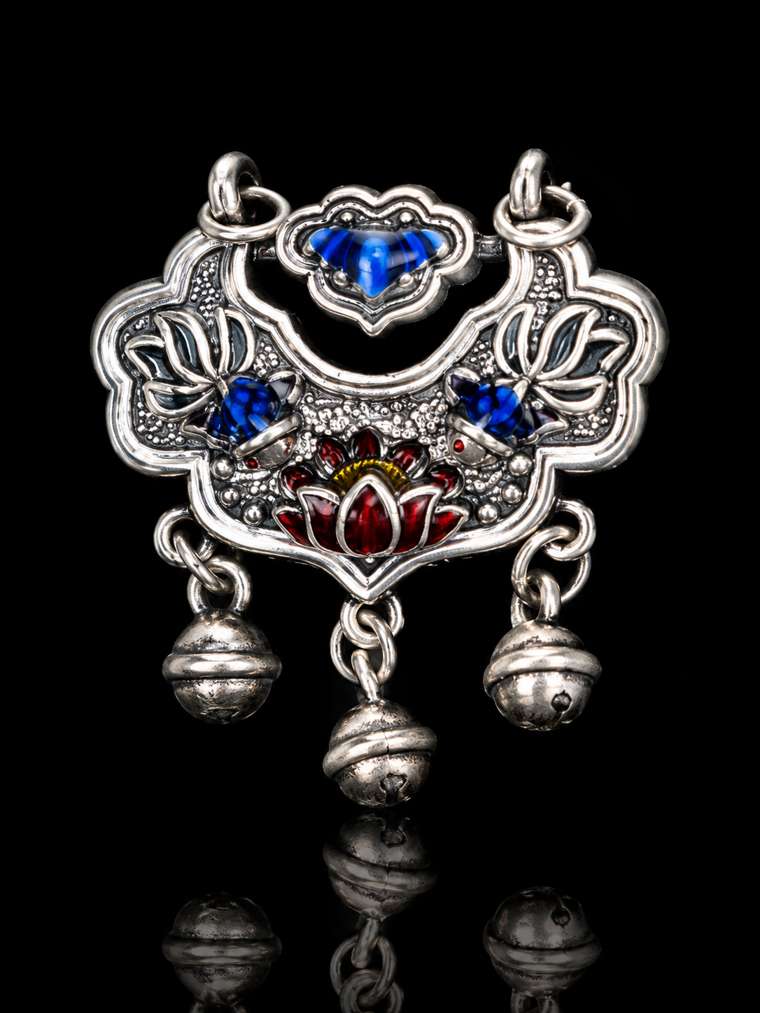 Chinese Style Cloisonné Enamel 999 Silver Longevity and Peace Lock Pendant · Ruyi Lotus Protection