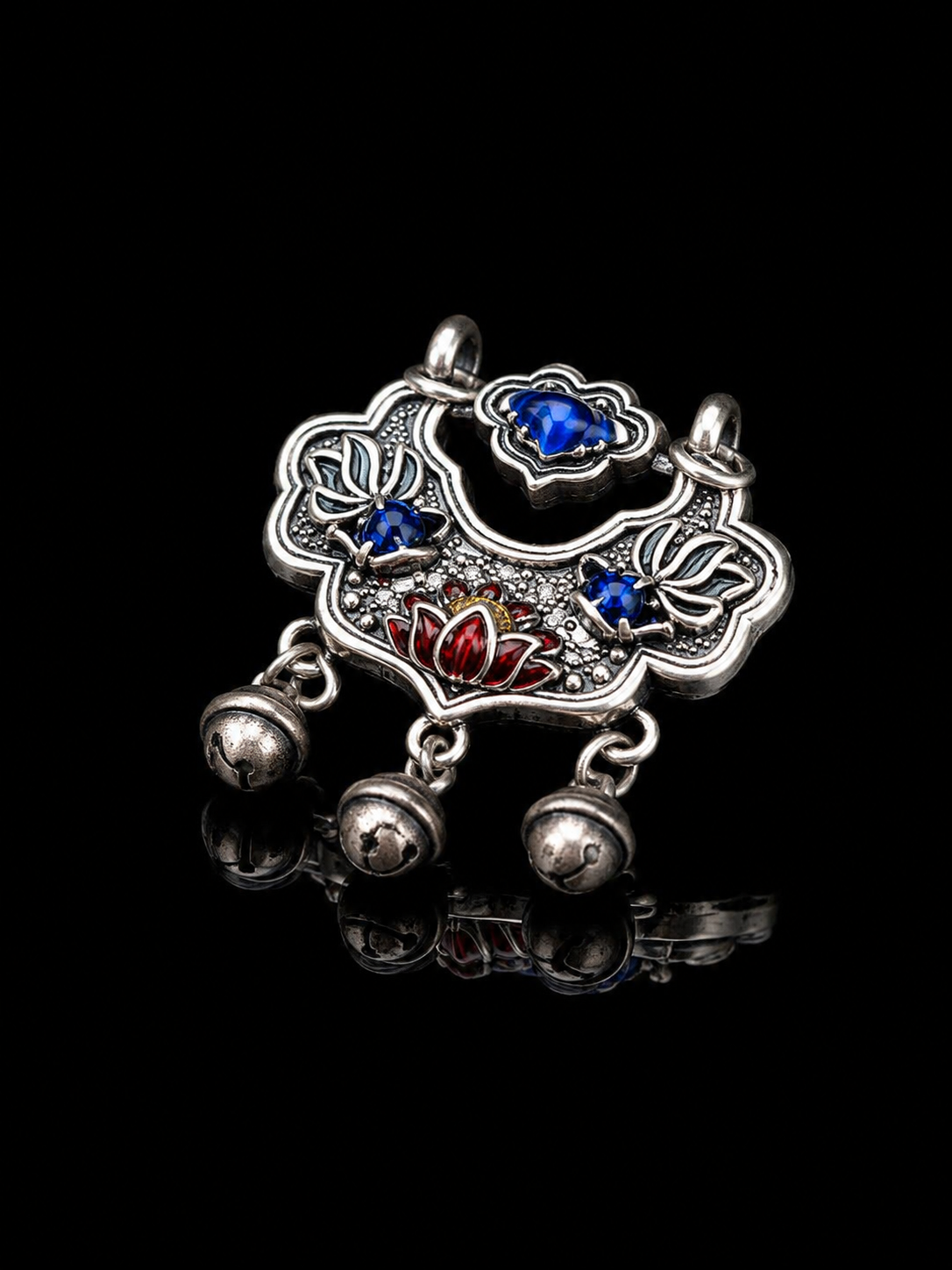 Chinese Style Cloisonné Enamel 999 Silver Longevity and Peace Lock Pendant · Ruyi Lotus Protection