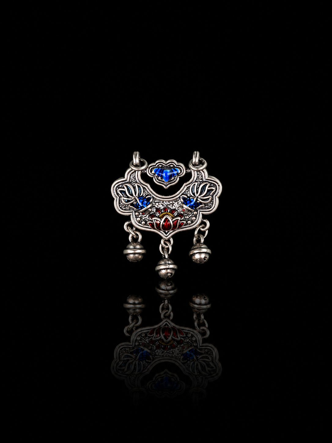 Chinese Style Cloisonné Enamel 999 Silver Longevity and Peace Lock Pendant · Ruyi Lotus Protection