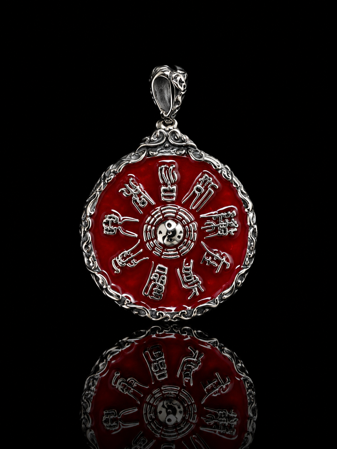 Taoist Tai Chi Bagua Red Silver Pendant · Yin and Yang Protection for Safety