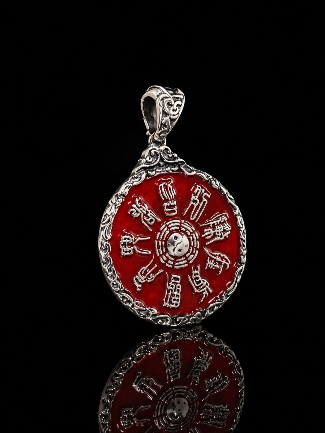 Taoist Tai Chi Bagua Red Silver Pendant · Yin and Yang Protection for Safety