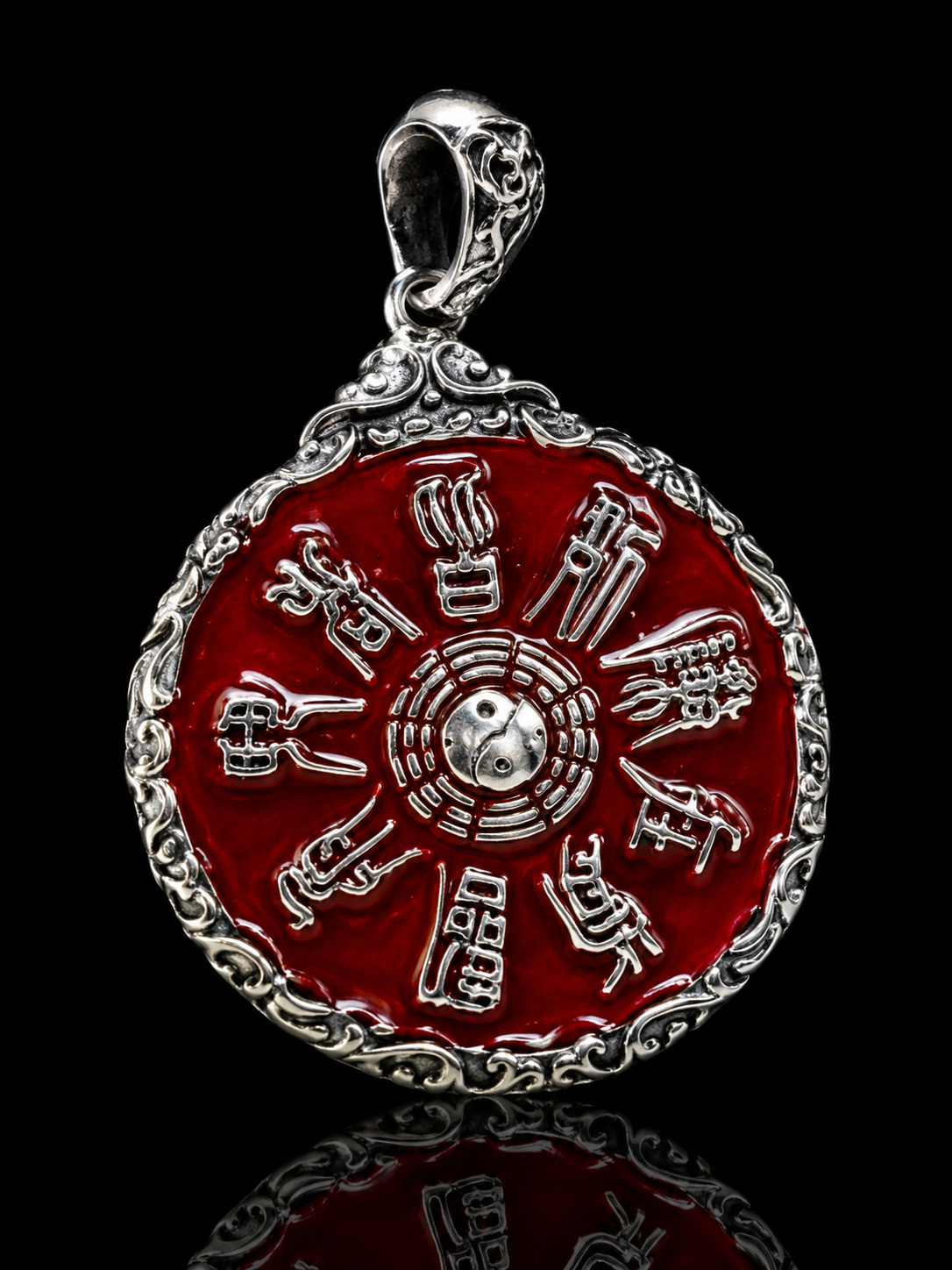 Taoist Tai Chi Bagua Red Silver Pendant · Yin and Yang Protection for Safety