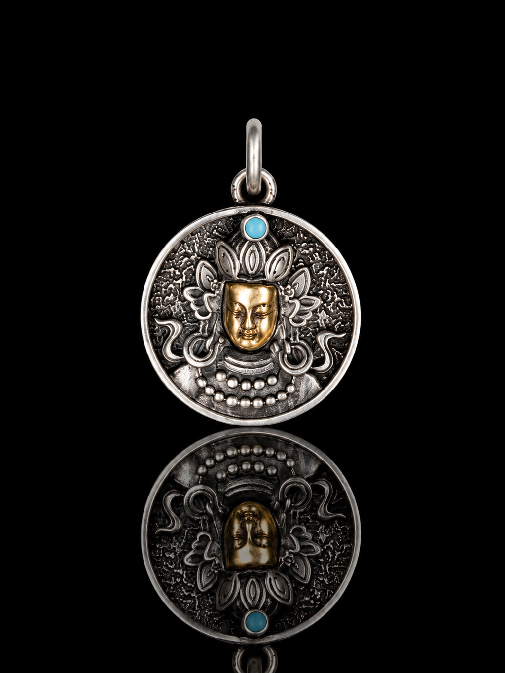 金刚杵佛头双面藏银吊坠正面图 Tibetan vajra pendant