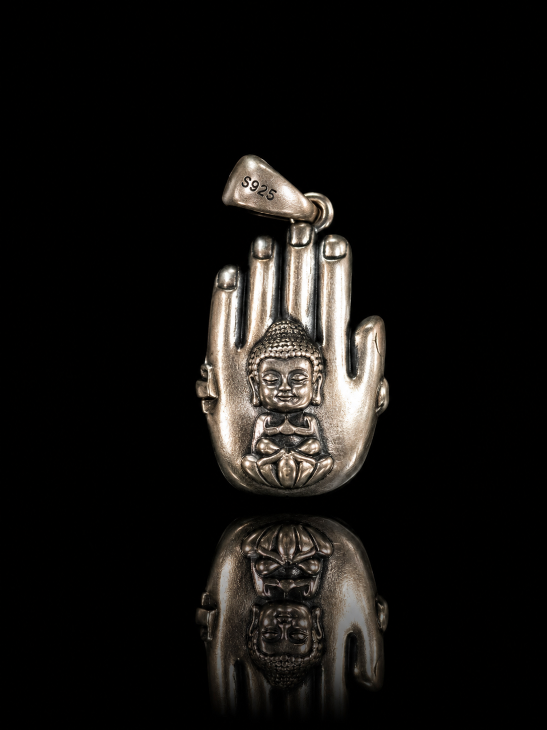 Buddha Hand & Tibetan Silver Pendant · Palm Buddha with Swastika Protection