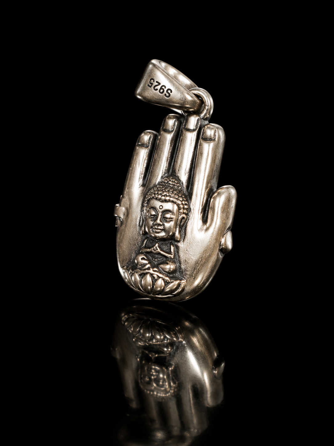 Buddha Hand & Tibetan Silver Pendant · Palm Buddha with Swastika Protection