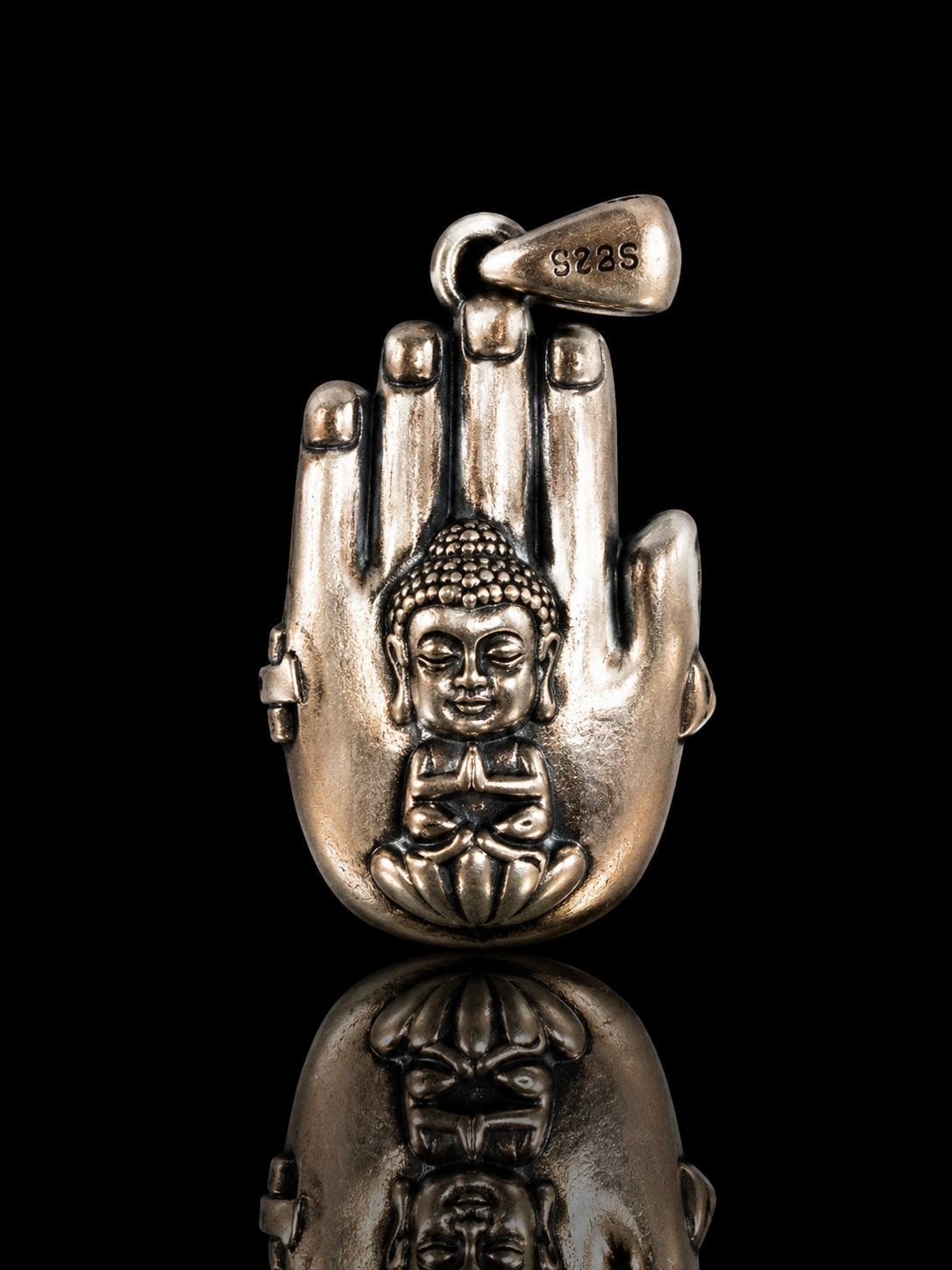 Buddha Hand & Tibetan Silver Pendant · Palm Buddha with Swastika Protection