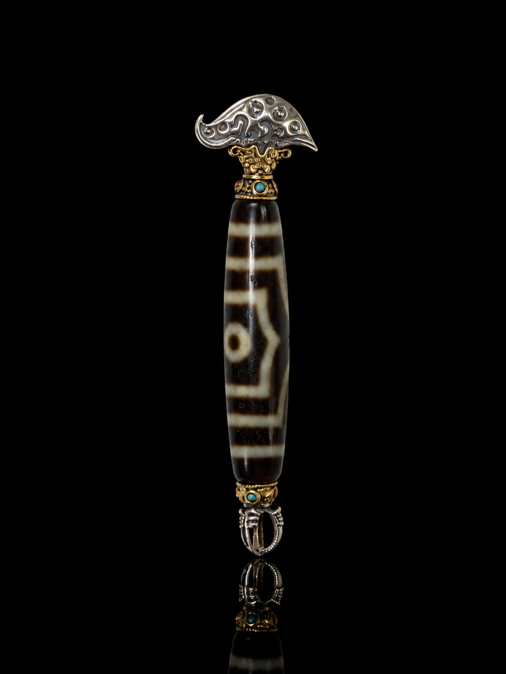 Tibetan Dzi Bead & Lucky Amulet Sterling Silver Pendant