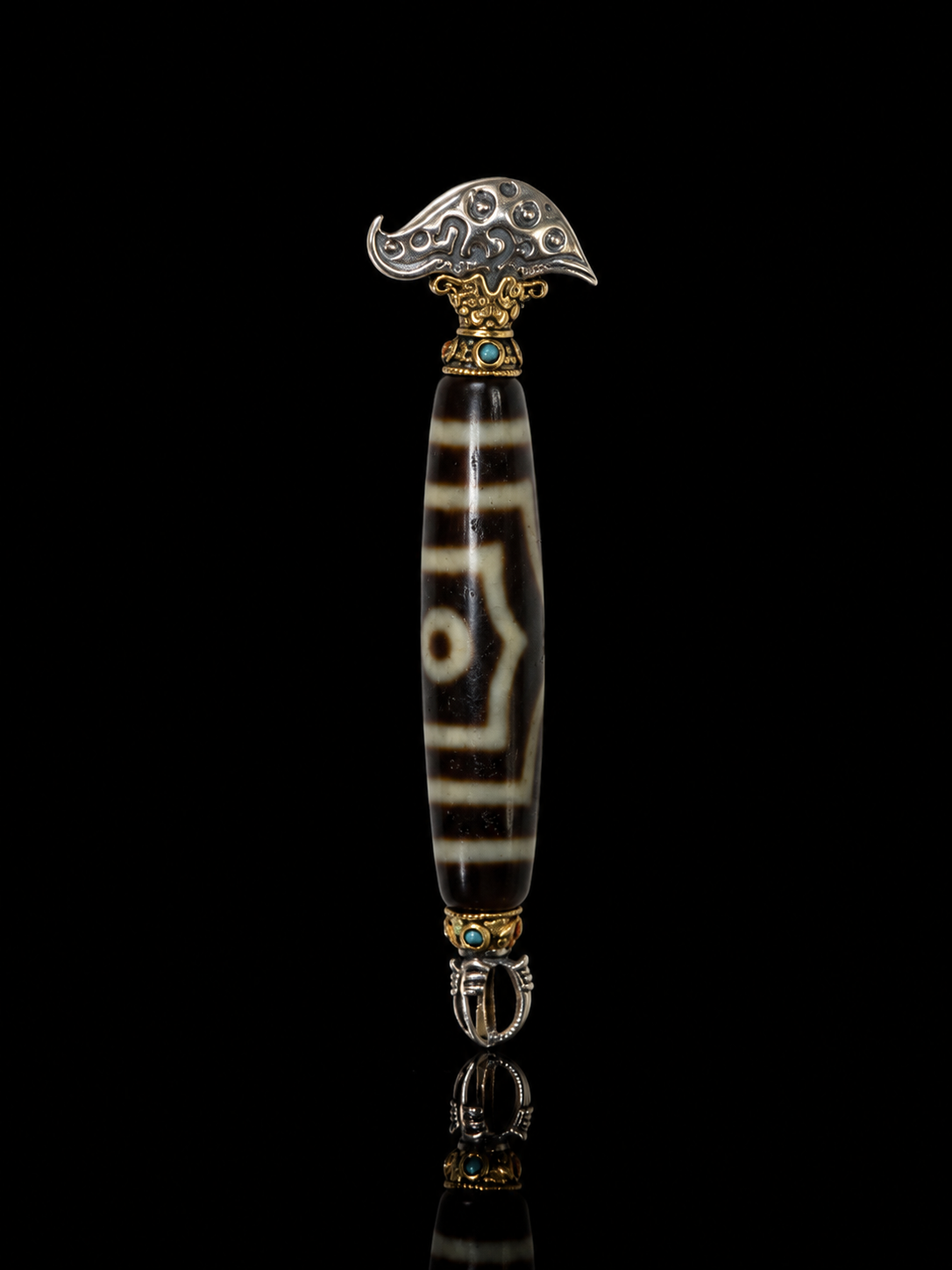 Tibetan Dzi Bead & Lucky Amulet Sterling Silver Pendant