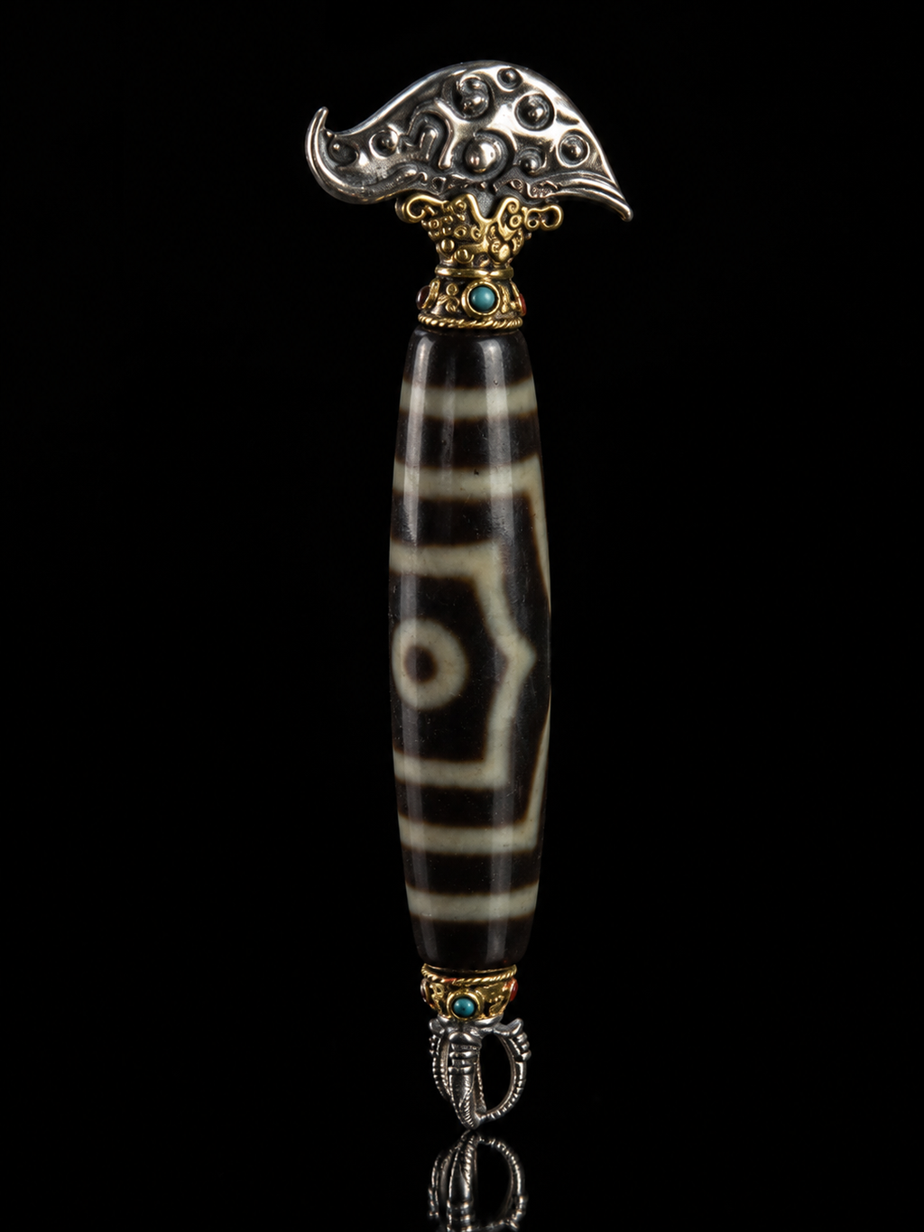 Tibetan Dzi Bead & Lucky Amulet Sterling Silver Pendant