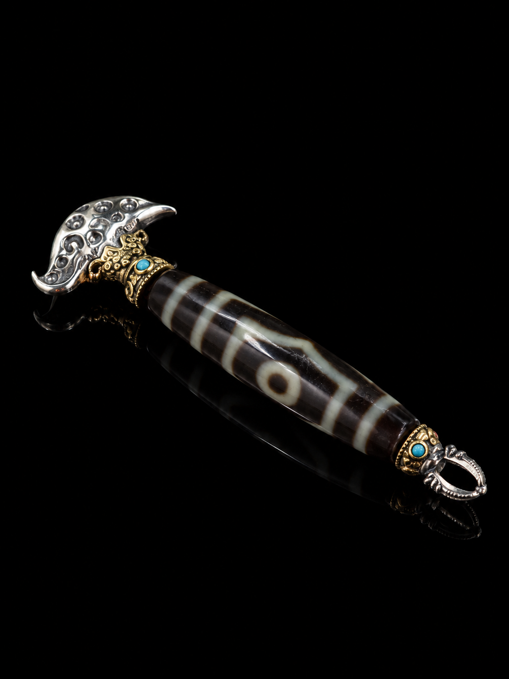 Tibetan Dzi Bead & Lucky Amulet Sterling Silver Pendant