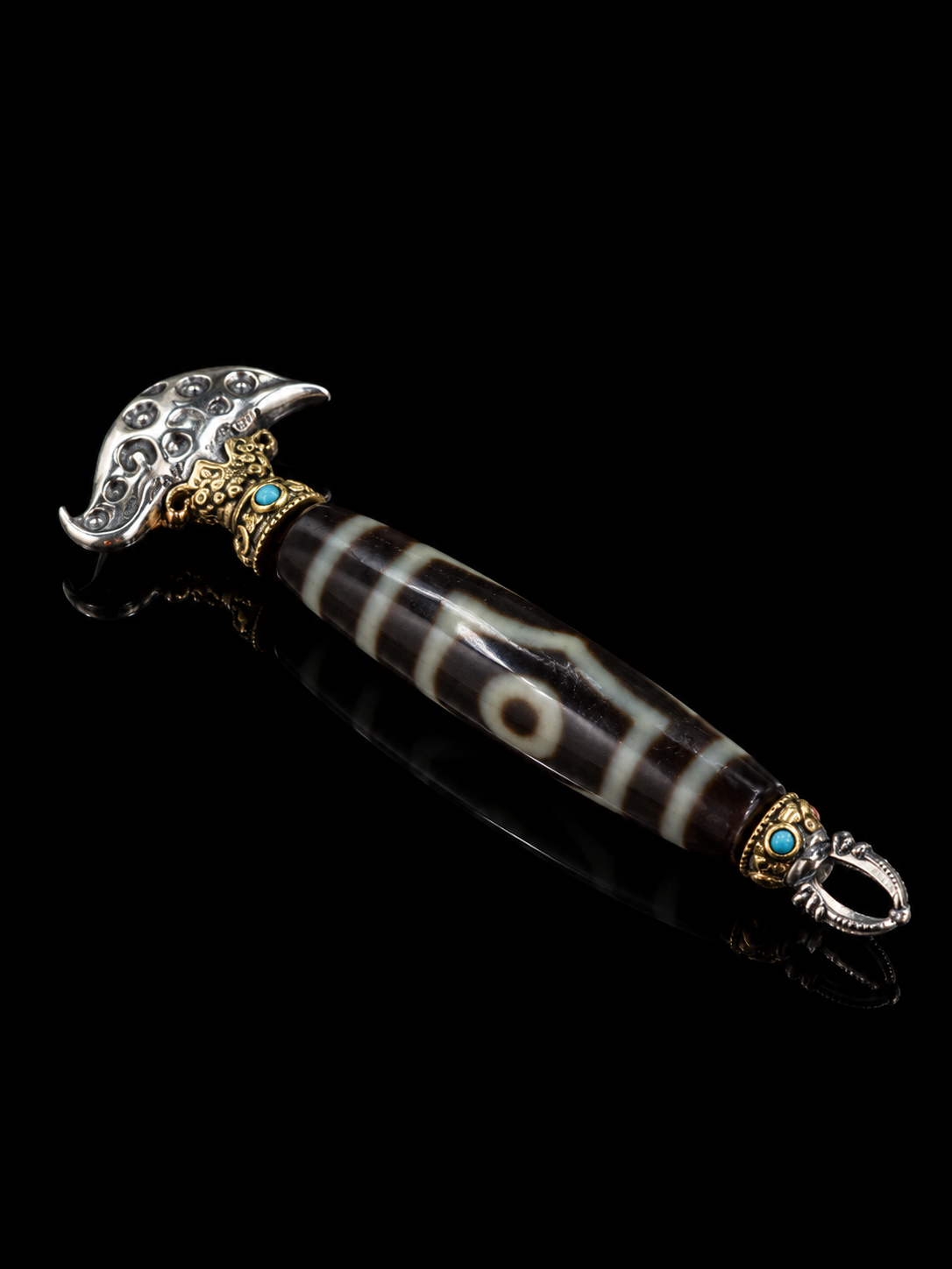 Tibetan Dzi Bead & Lucky Amulet Sterling Silver Pendant