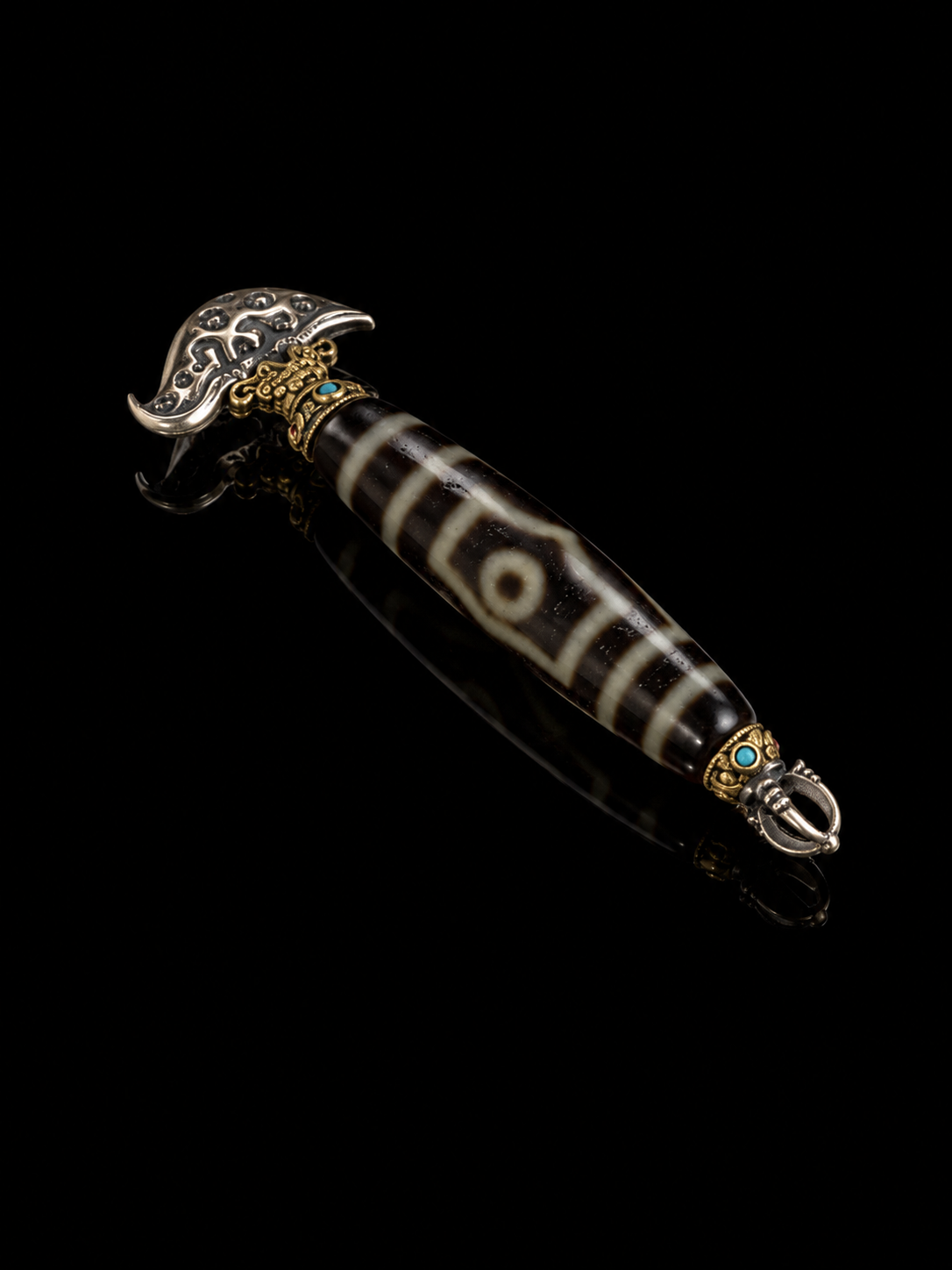 Tibetan Dzi Bead & Lucky Amulet Sterling Silver Pendant