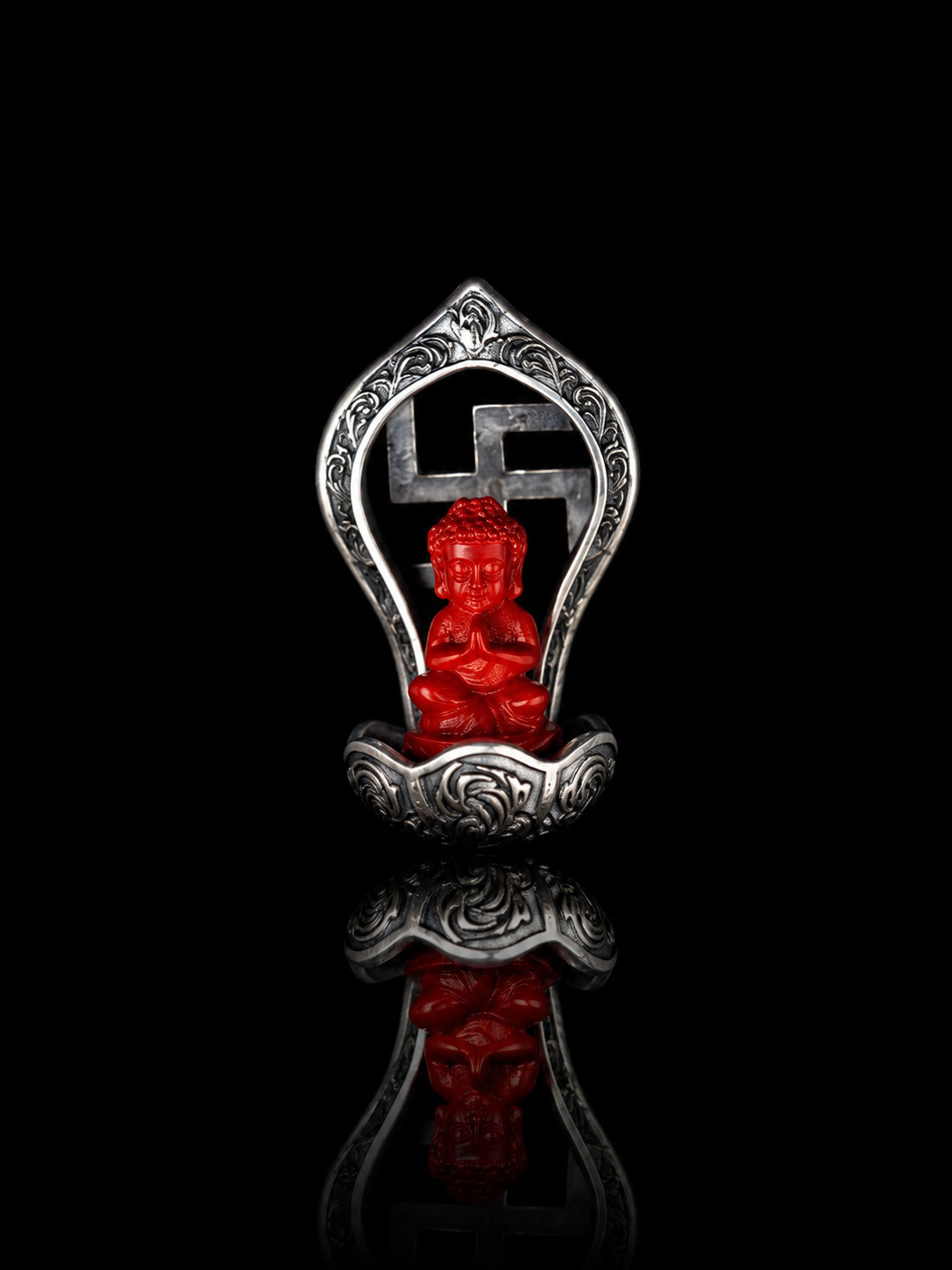 Silver-Mounted Cinnabar Little Monk Buddha Pendant · Zen Serenity and Protection