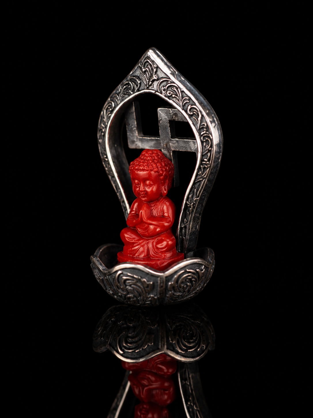 Silver-Mounted Cinnabar Little Monk Buddha Pendant · Zen Serenity and Protection