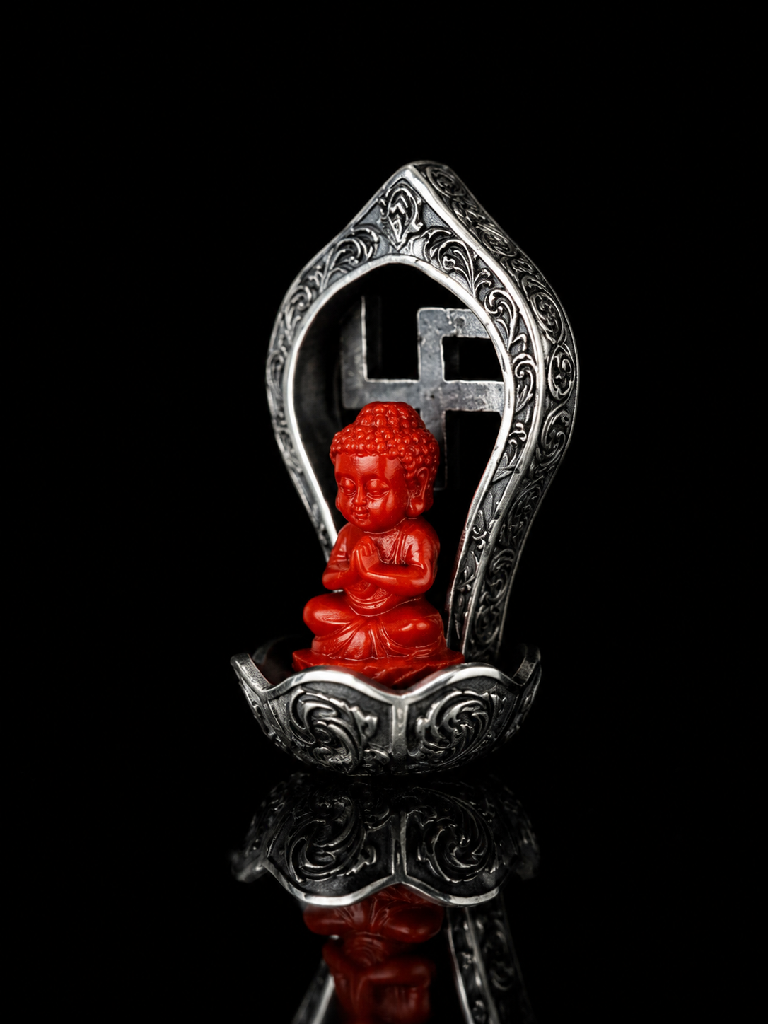 Silver-Mounted Cinnabar Little Monk Buddha Pendant · Zen Serenity and Protection