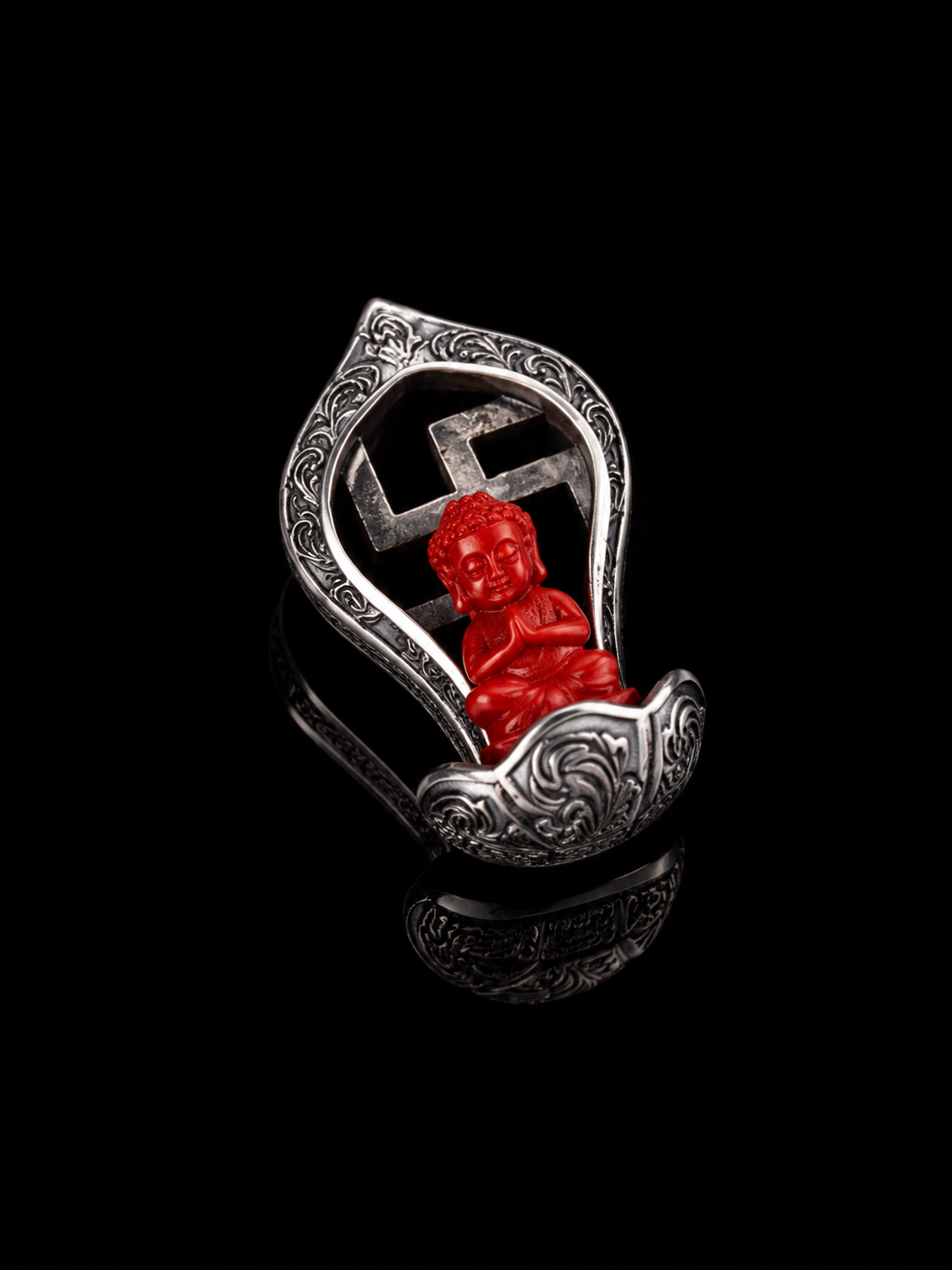 Silver-Mounted Cinnabar Little Monk Buddha Pendant · Zen Serenity and Protection