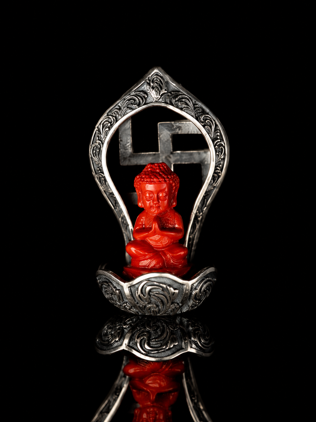 Silver-Mounted Cinnabar Little Monk Buddha Pendant · Zen Serenity and Protection