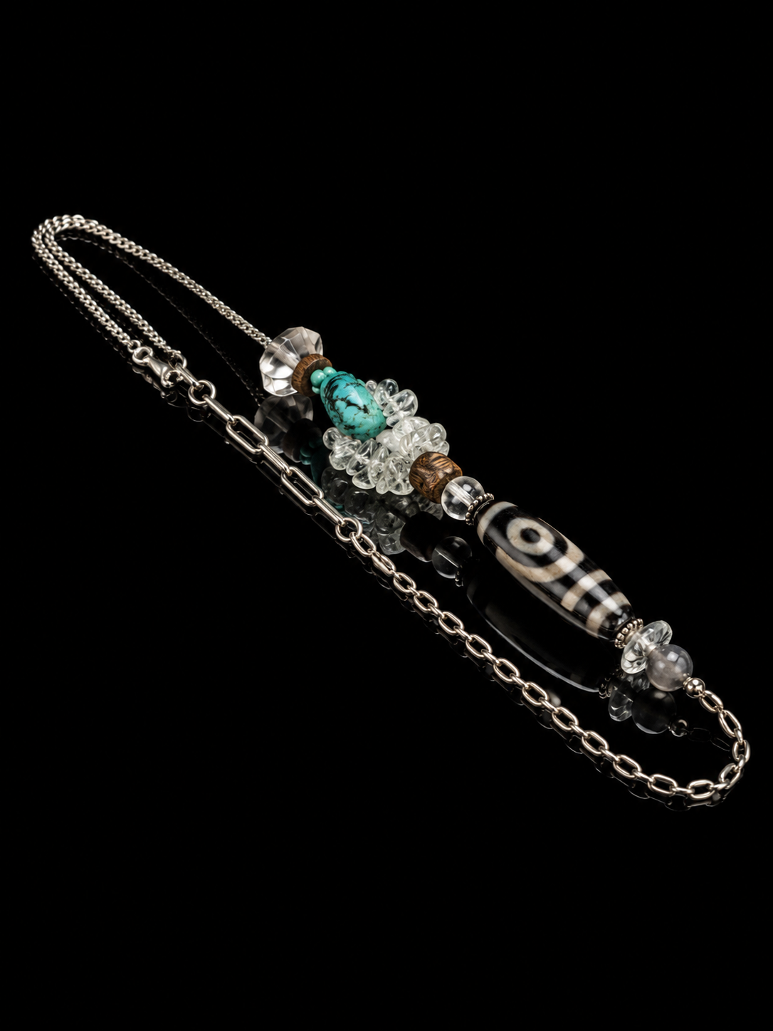 Tibetan Dzi Bead & Prosperity Amulet Tibetan Silver Necklace