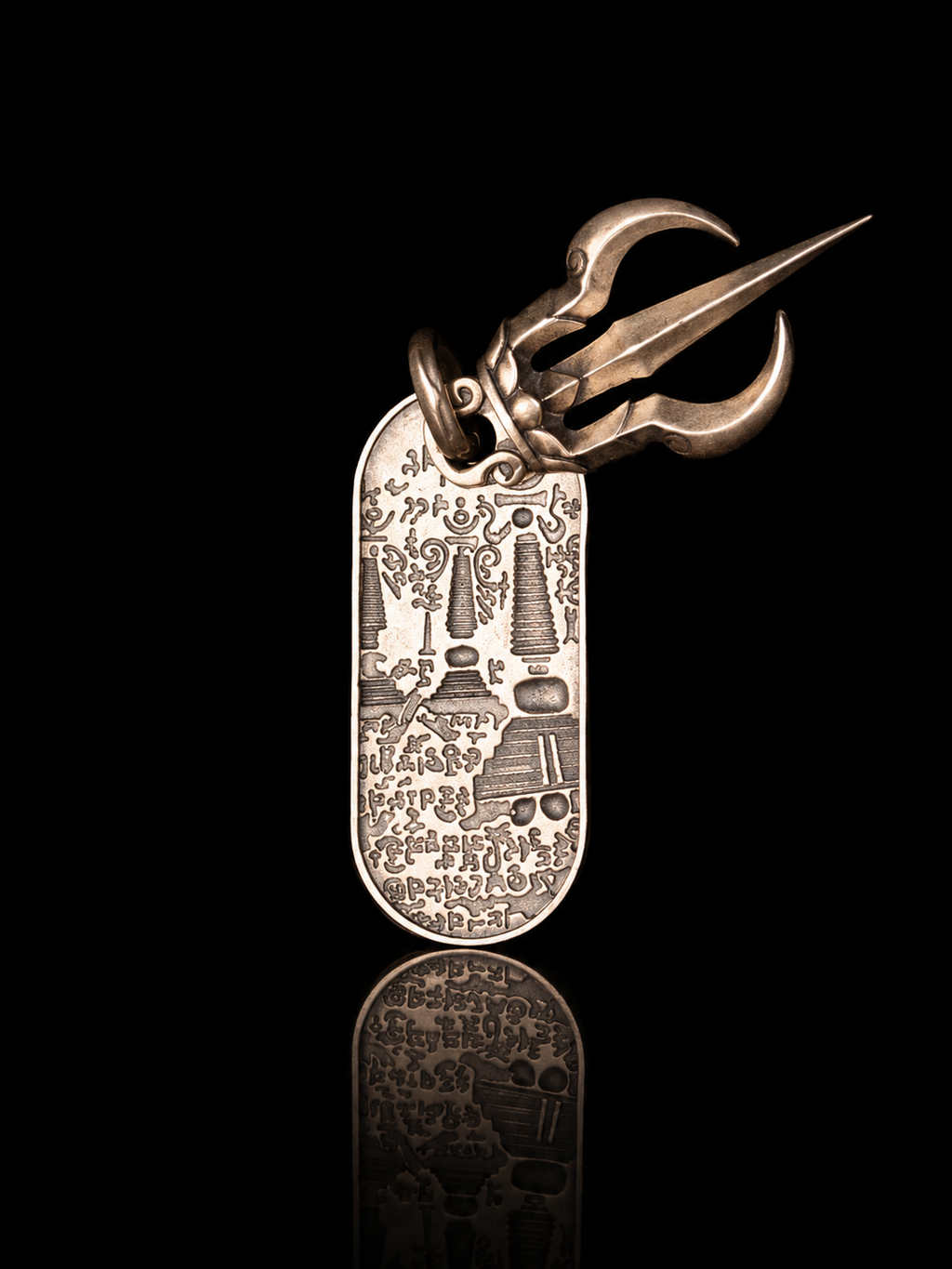 Three-pronged Vajra Axe Tibetan Silver Pendant · Demon-subduing Dharma Protector Scripture Plate