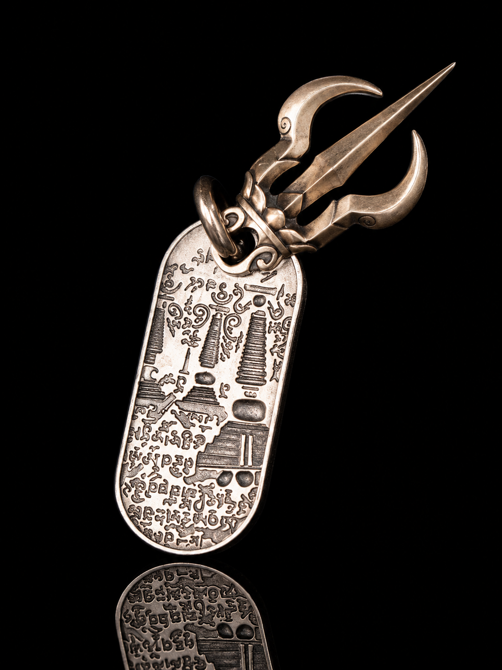 Three-pronged Vajra Axe Tibetan Silver Pendant · Demon-subduing Dharma Protector Scripture Plate