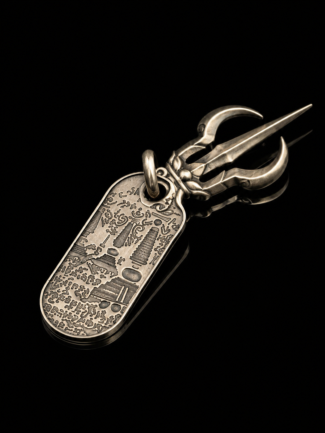 Three-pronged Vajra Axe Tibetan Silver Pendant · Demon-subduing Dharma Protector Scripture Plate