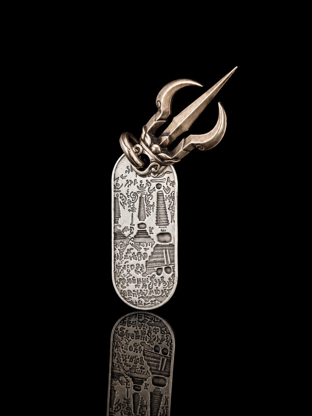 Three-pronged Vajra Axe Tibetan Silver Pendant · Demon-subduing Dharma Protector Scripture Plate