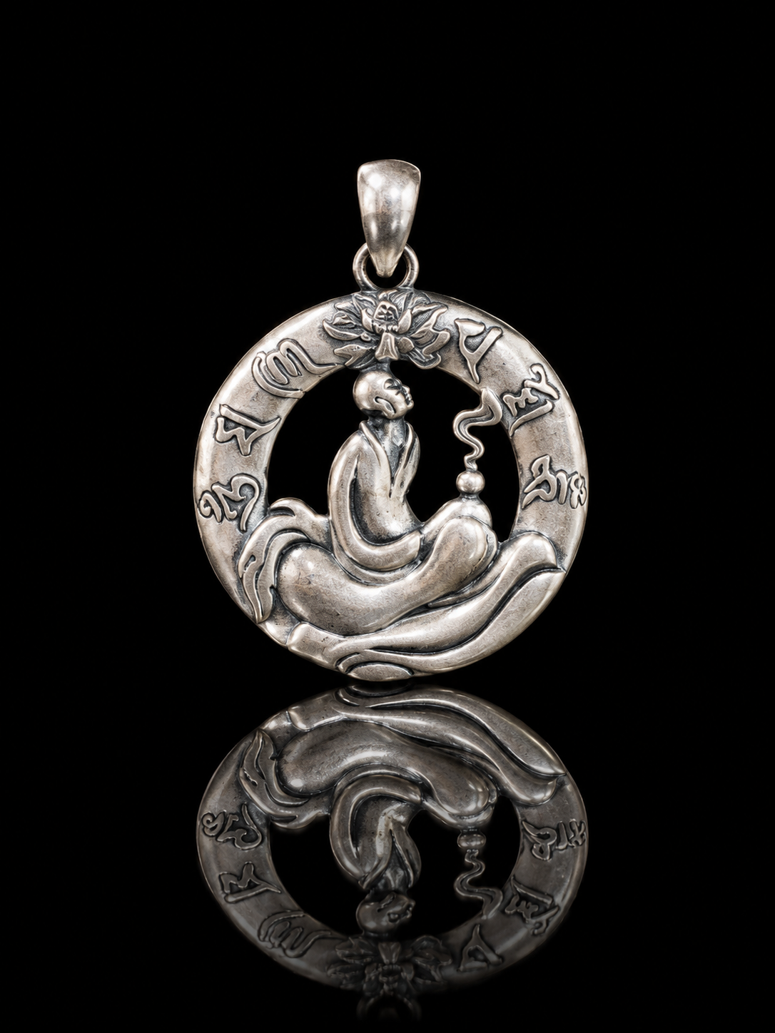 Six-Syllable Mantra Little Monk Enlightenment Silver Pendant · Zen Protection
