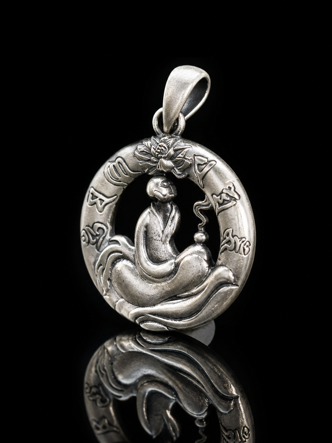 Six-Syllable Mantra Little Monk Enlightenment Silver Pendant · Zen Protection