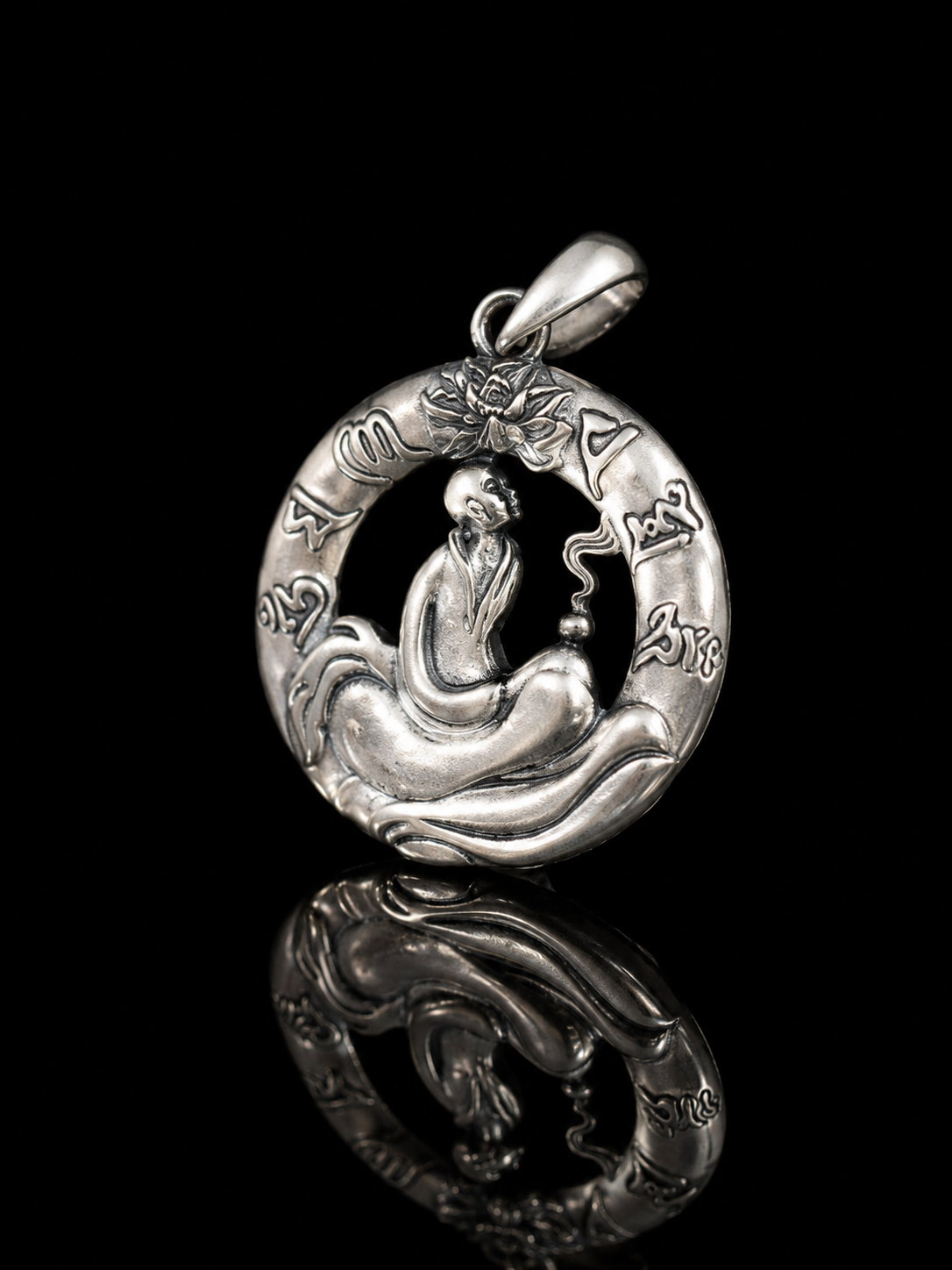 Six-Syllable Mantra Little Monk Enlightenment Silver Pendant · Zen Protection
