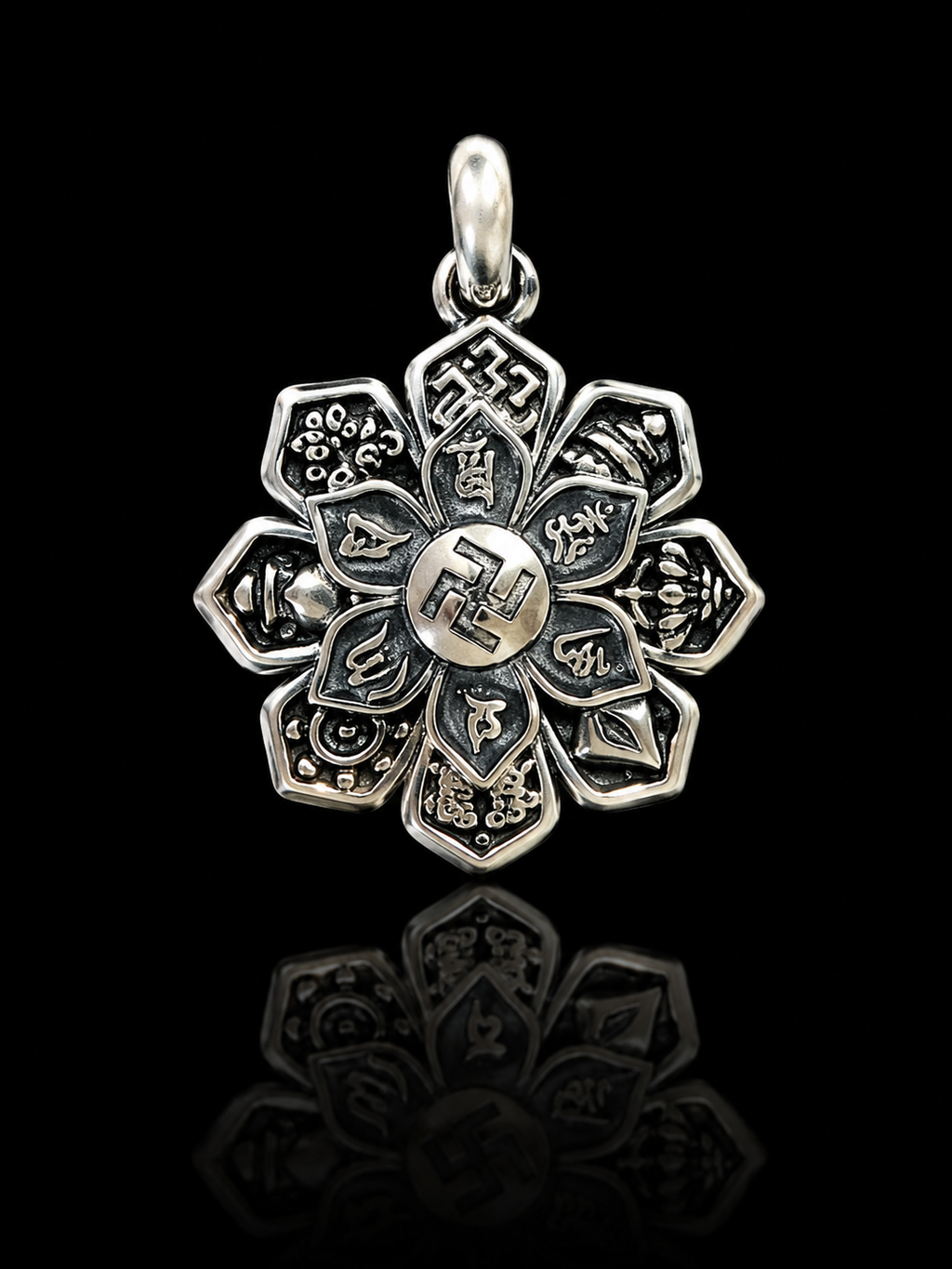 Rotating Lotus Eight Treasures Mantra Pendant｜莲花八宝六字真言旋转藏银吊坠