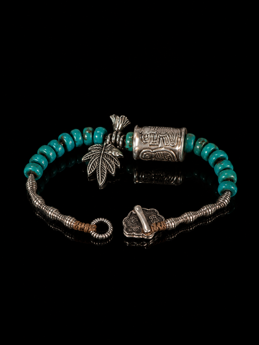 藏式绿松石转经筒藏银手链正面图 Prayer wheel bracelet