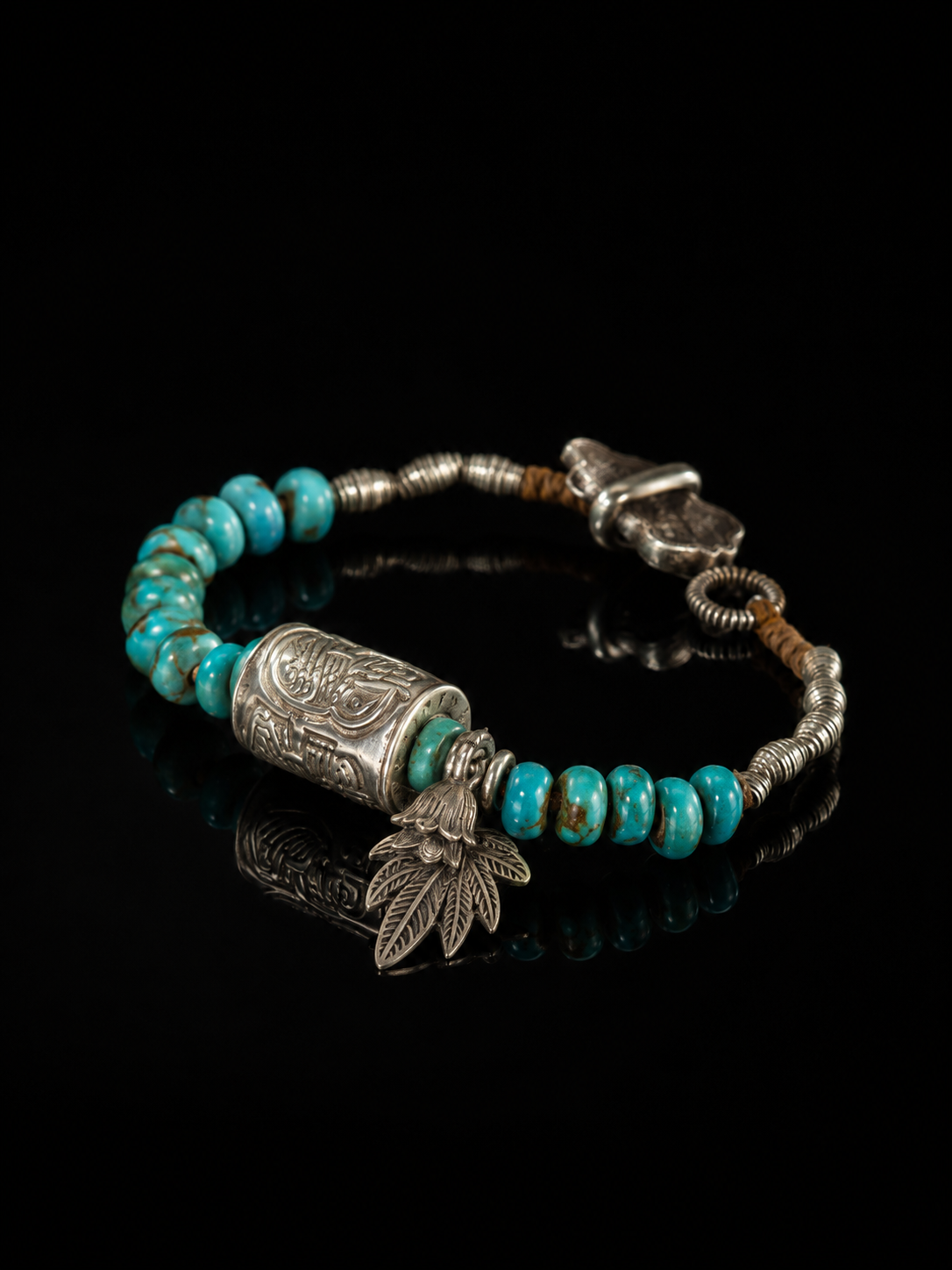 Tibetan Turquoise Prayer Wheel Mani Mantra Blessed Tibetan Silver Bracelet